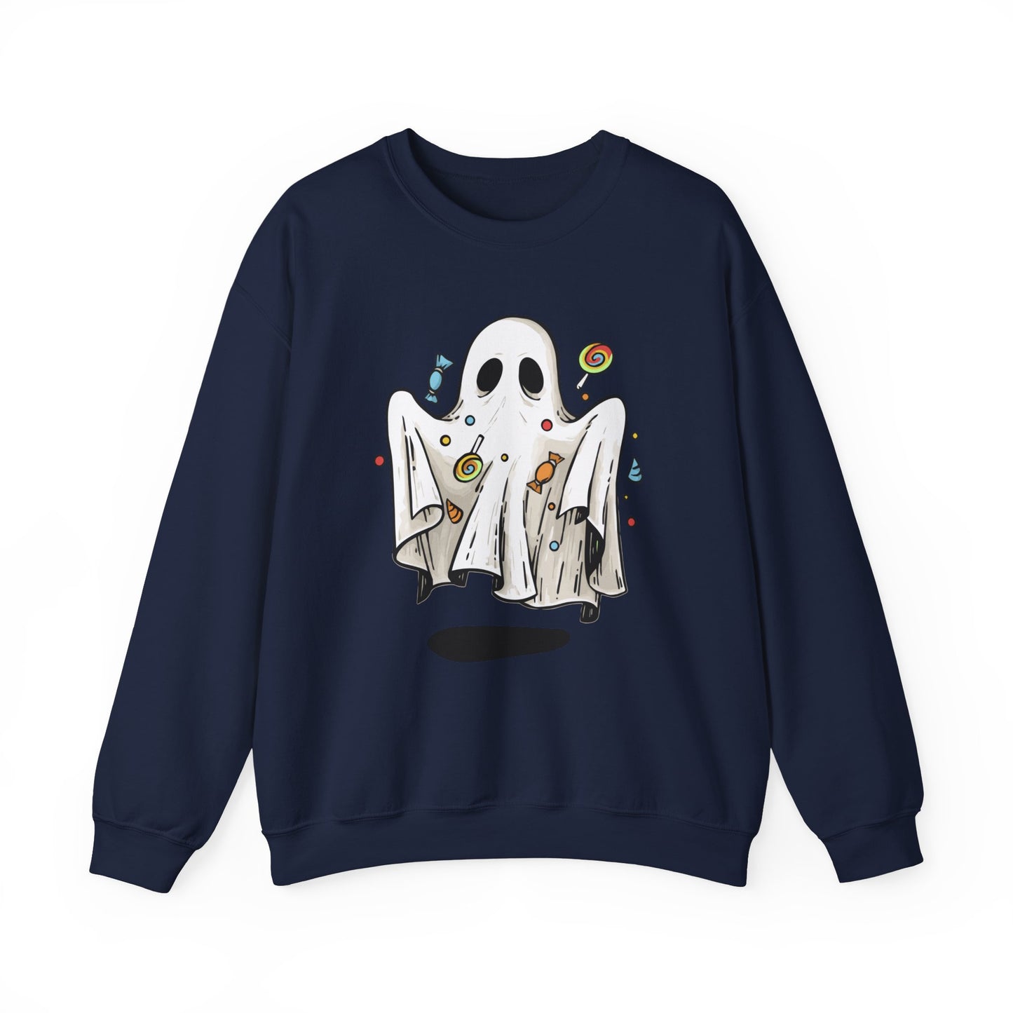 Cute Halloween Ghost Floating, Covered in Candy Sweatshirt, Trick or Treat Shirt, Spooky Ghost Season, Fun Halloween Party, Festival Sweater Sweatshirt Printify S Navy
