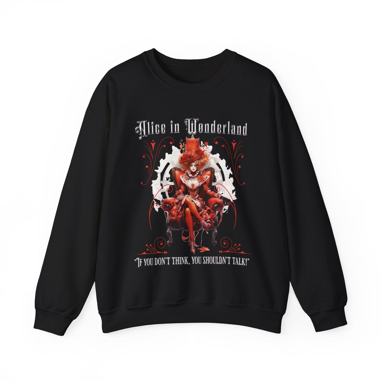 Queen of Hearts Sweatshirt, Alice In Wonderland Lewis Carroll Whimsigoth Academia Sweater Mad Hatter Tea Party Tee Bookish Booktok Gift Sweatshirt Printify S Black