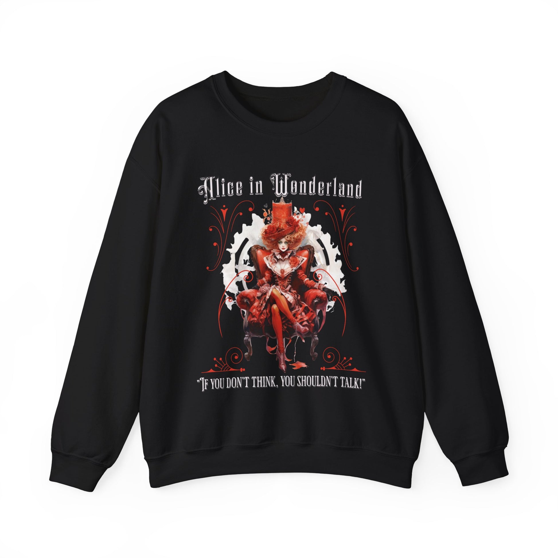 Queen of Hearts Sweatshirt, Alice In Wonderland Lewis Carroll Whimsigoth Academia Sweater Mad Hatter Tea Party Tee Bookish Booktok Gift Sweatshirt Printify S Black