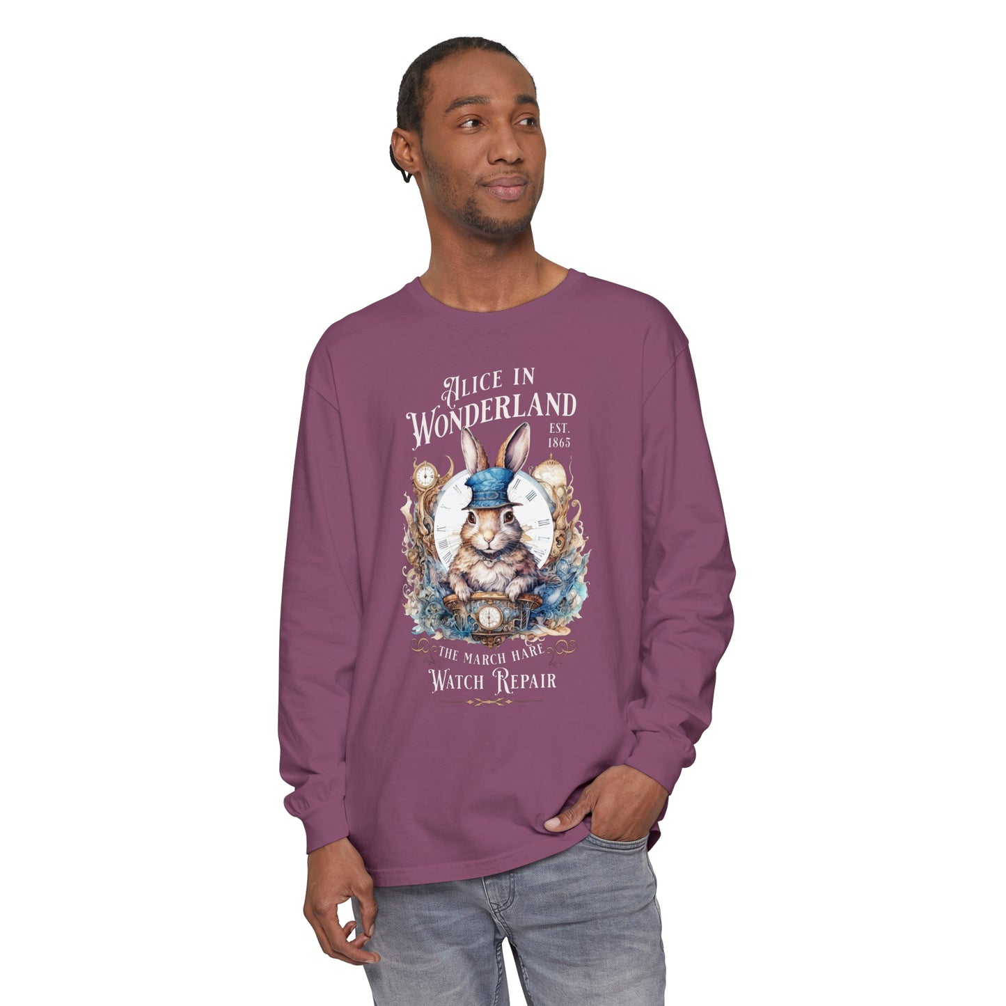 Alice in Wonderland Long Sleeve Shirt, Lewis Carroll Dark Academia TShirt, Mad Hatter Tea Party March Hare White Rabbit Bookish Booktok Gift Long-sleeve Printify