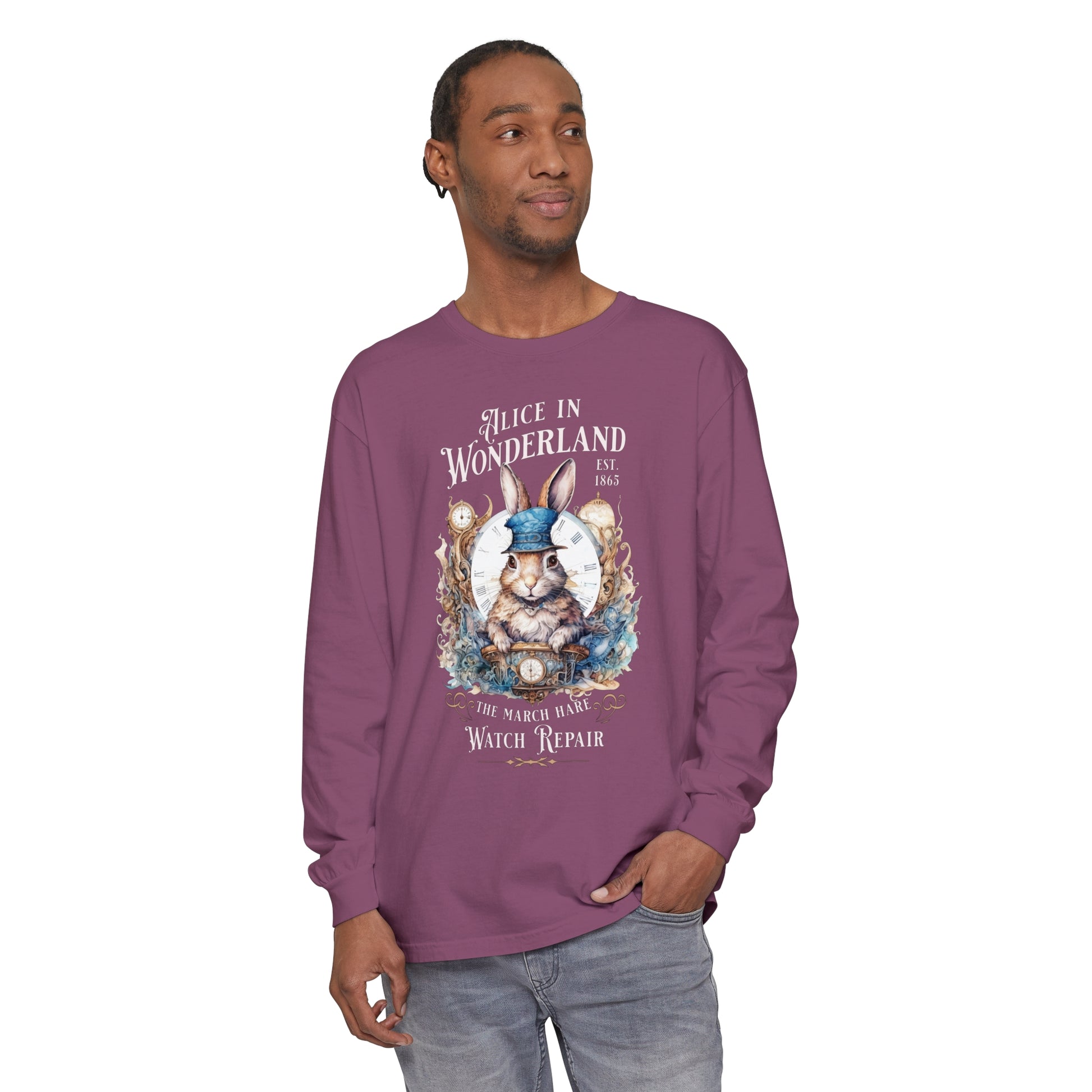 Alice in Wonderland Long Sleeve Shirt, Lewis Carroll Dark Academia TShirt, Mad Hatter Tea Party March Hare White Rabbit Bookish Booktok Gift Long-sleeve Printify