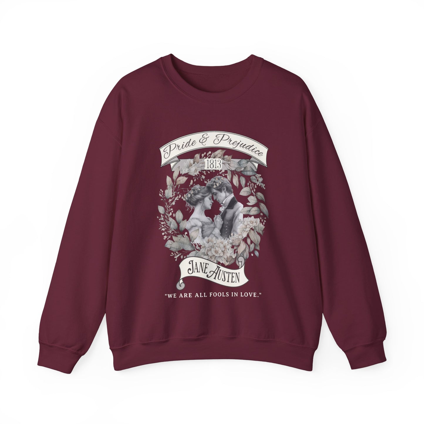 Jane Austen Sweatshirt, Pride & Prejudice Historical Romance Sweater, Bookish Literary Jane Austen Fan Art Gift, Gift for Her, Readers, Sweatshirt Printify S Maroon