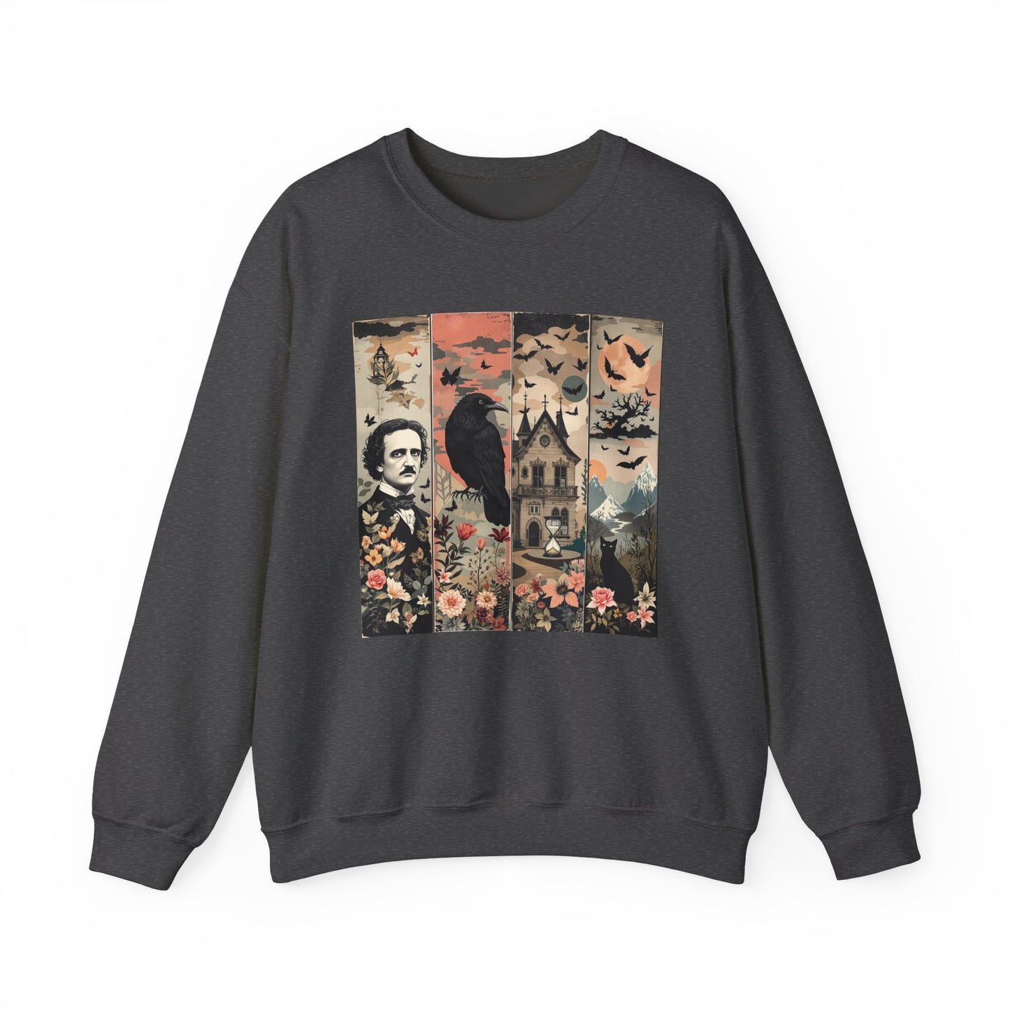Edgar Allan Poe Sweatshirt The Raven Nevermore Gothic Horror Sweater Dark Academia Macabre Halloween Gift for Book Lovers Birthday Christmas Sweatshirt Printify Dark Heather S