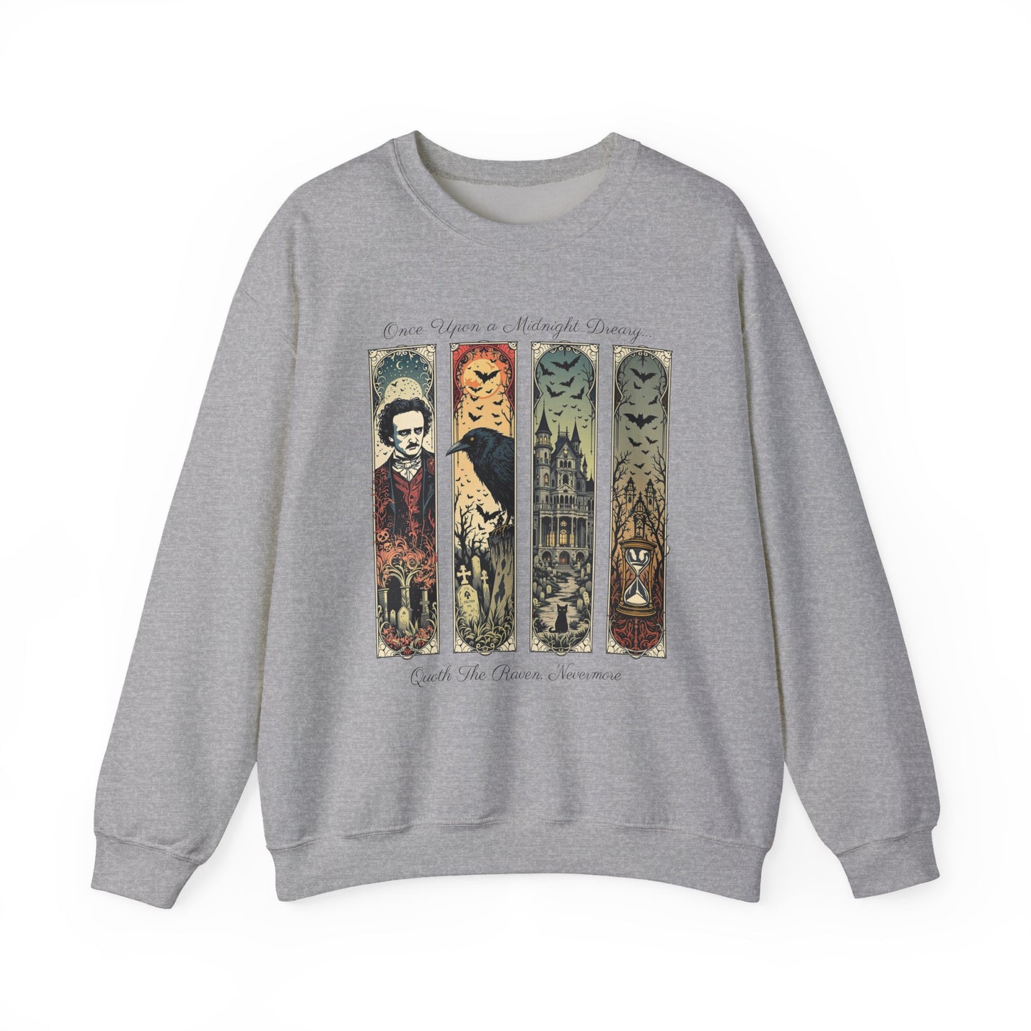 Edgar Allan Poe Sweatshirt The Raven Nevermore Gothic Horror Sweater Dark Academia Macabre Halloween Gift for Book Lovers Birthday Christmas Sweatshirt Printify Sport Grey S