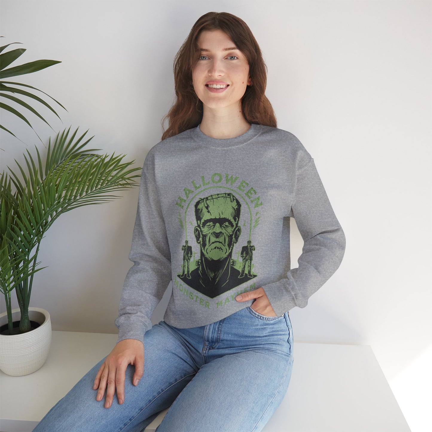 Vintage Halloween Frankenstein Monster Graphic Sweatshirt, Creepy Spooky Book Lover Gift, Horror Movie, Fall Festival Party Sweater. Sweatshirt Printify