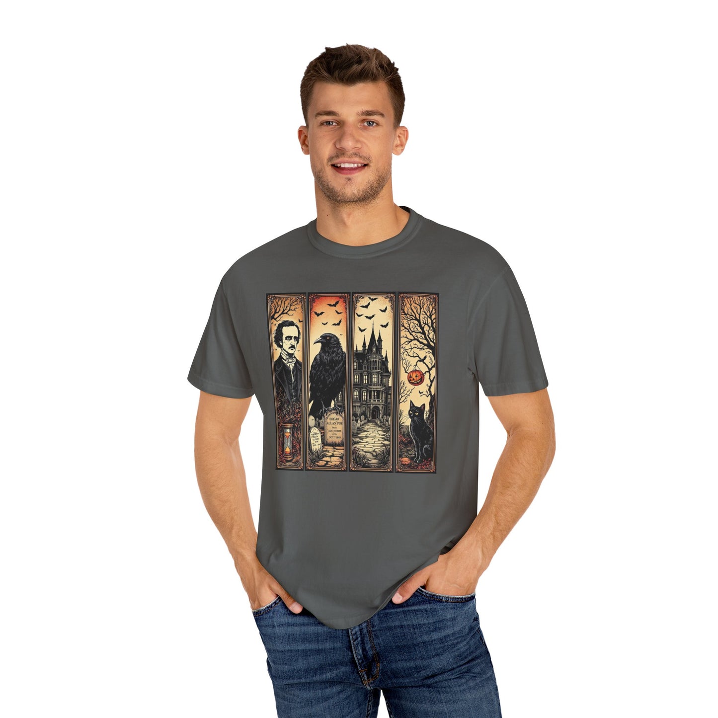 Edgar Allan Poe T-Shirt Gothic Graphic Tee The Raven Nevermore Quote Horror Literature Shirt Dark Academia Aesthetic Halloween Party Gift