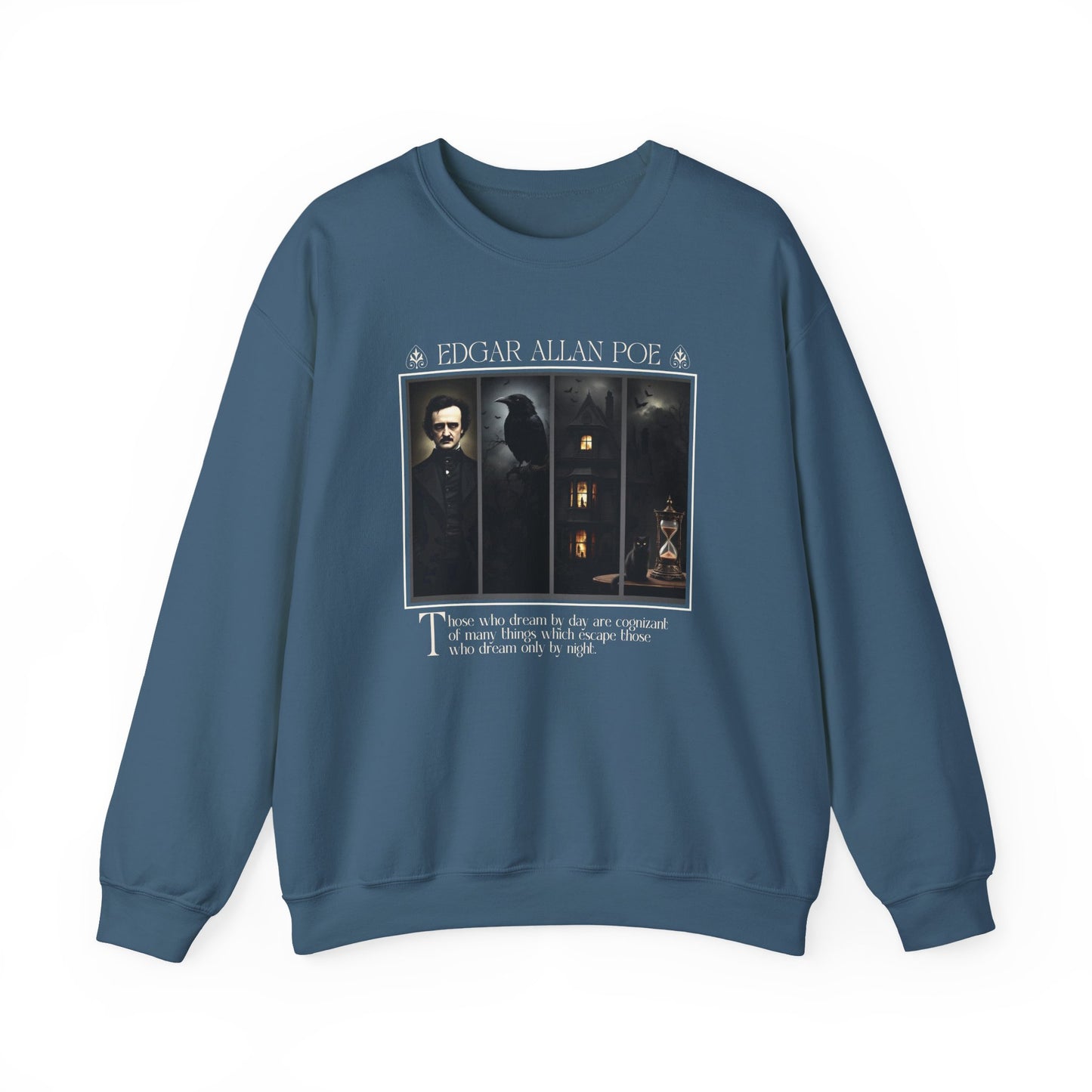 Edgar Allan Poe Sweatshirt The Raven Nevermore Gothic Horror Sweater Dark Academia Macabre Halloween Gift for Book Lovers Birthday Christmas Sweatshirt Printify Indigo Blue S