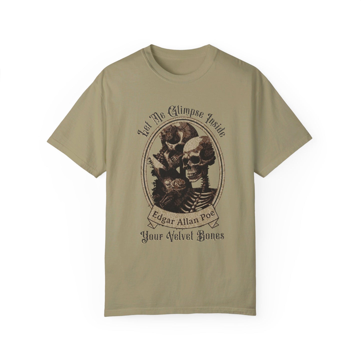 Edgar Allan Poe Shirt, Your Velvet Bones Tee, Book, Reading Lover Shirt, Halloween, Gothic, Light Academia Gifts, Comfort Colours TShirt T-Shirt Printify Khaki S