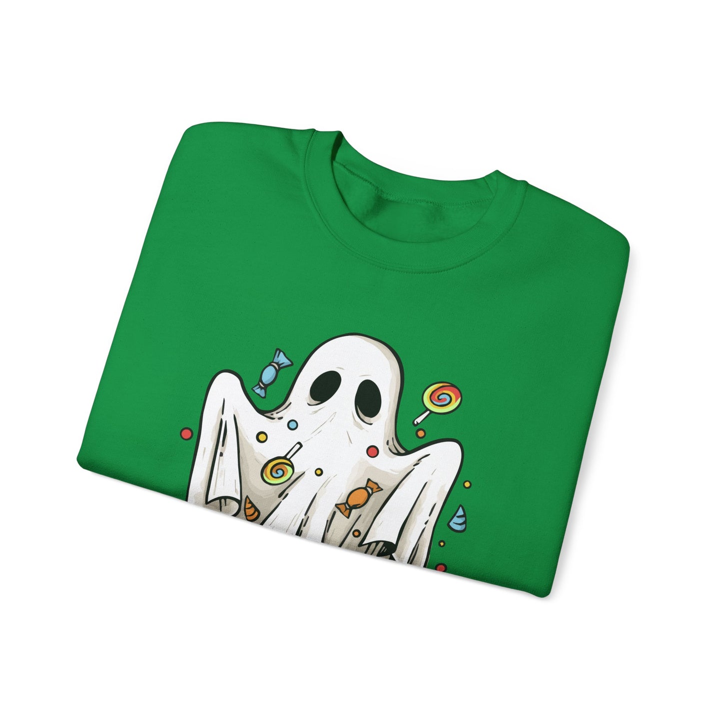 Cute Halloween Ghost Floating, Covered in Candy Sweatshirt, Trick or Treat Shirt, Spooky Ghost Season, Fun Halloween Party, Festival Sweater Sweatshirt Printify