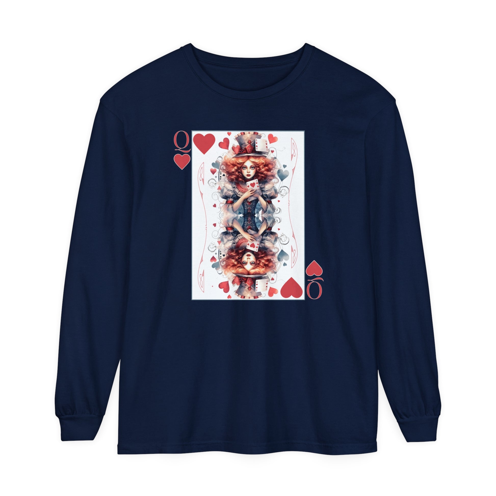 Queen of Hearts Long Sleeve Shirt Alice In Wonderland Lewis Carroll Whimsigoth Academia TShirt Mad Hatter Tea Party Tee Bookish Booktok Gift Long-sleeve Printify True Navy S