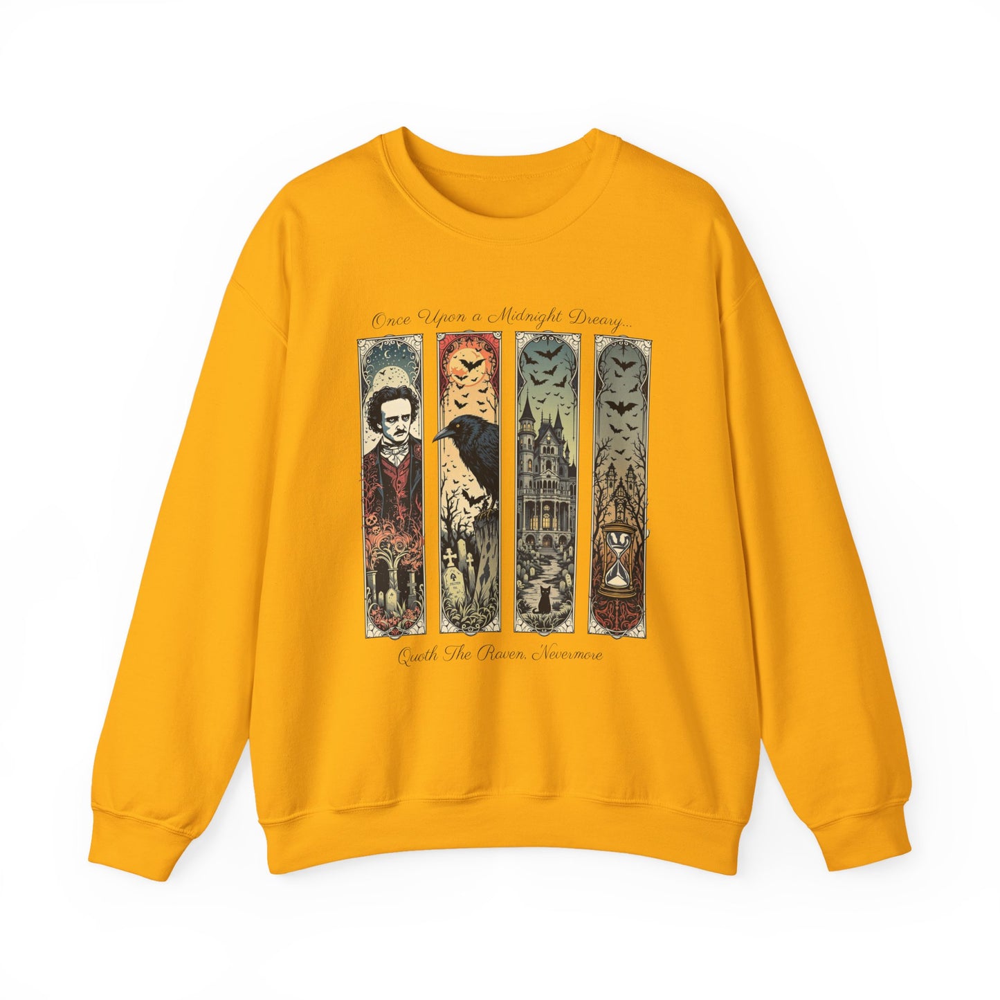 Edgar Allan Poe Sweatshirt The Raven Nevermore Gothic Horror Sweater Dark Academia Macabre Halloween Gift for Book Lovers Birthday Christmas Sweatshirt Printify Gold S