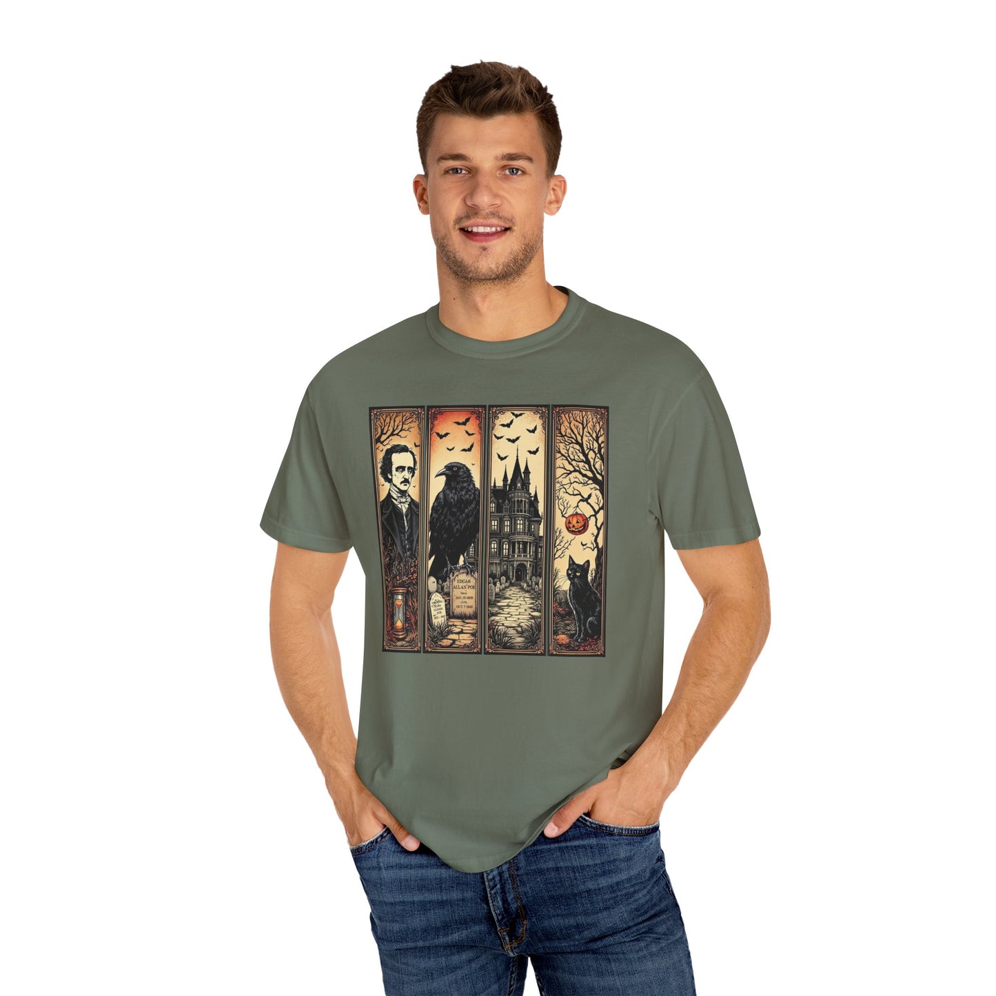 Edgar Allan Poe T-Shirt Gothic Graphic Tee The Raven Nevermore Quote Horror Literature Shirt Dark Academia Aesthetic Halloween Party Gift