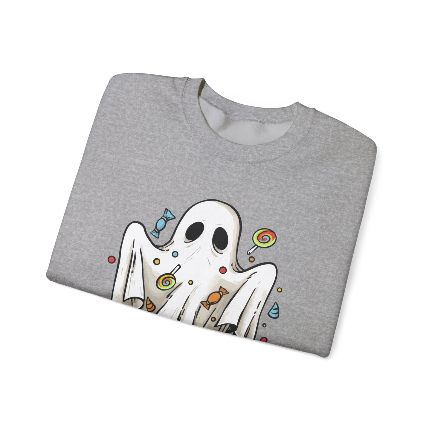 Cute Halloween Ghost Floating, Covered in Candy Sweatshirt, Trick or Treat Shirt, Spooky Ghost Season, Fun Halloween Party, Festival Sweater Sweatshirt Printify