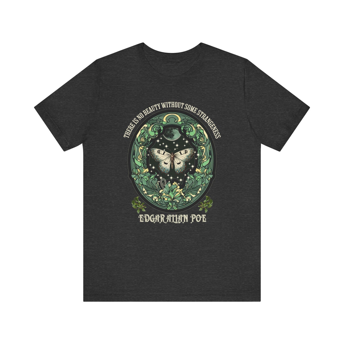 Edgar Allan Poe, Fairycore Night Garden T-Shirt, Book Lover Tee, Haunting Gothic Gift, Light, Dark Academia, Literary Poetry Bookclub Shirt T-Shirt Printify Dark Grey Heather S