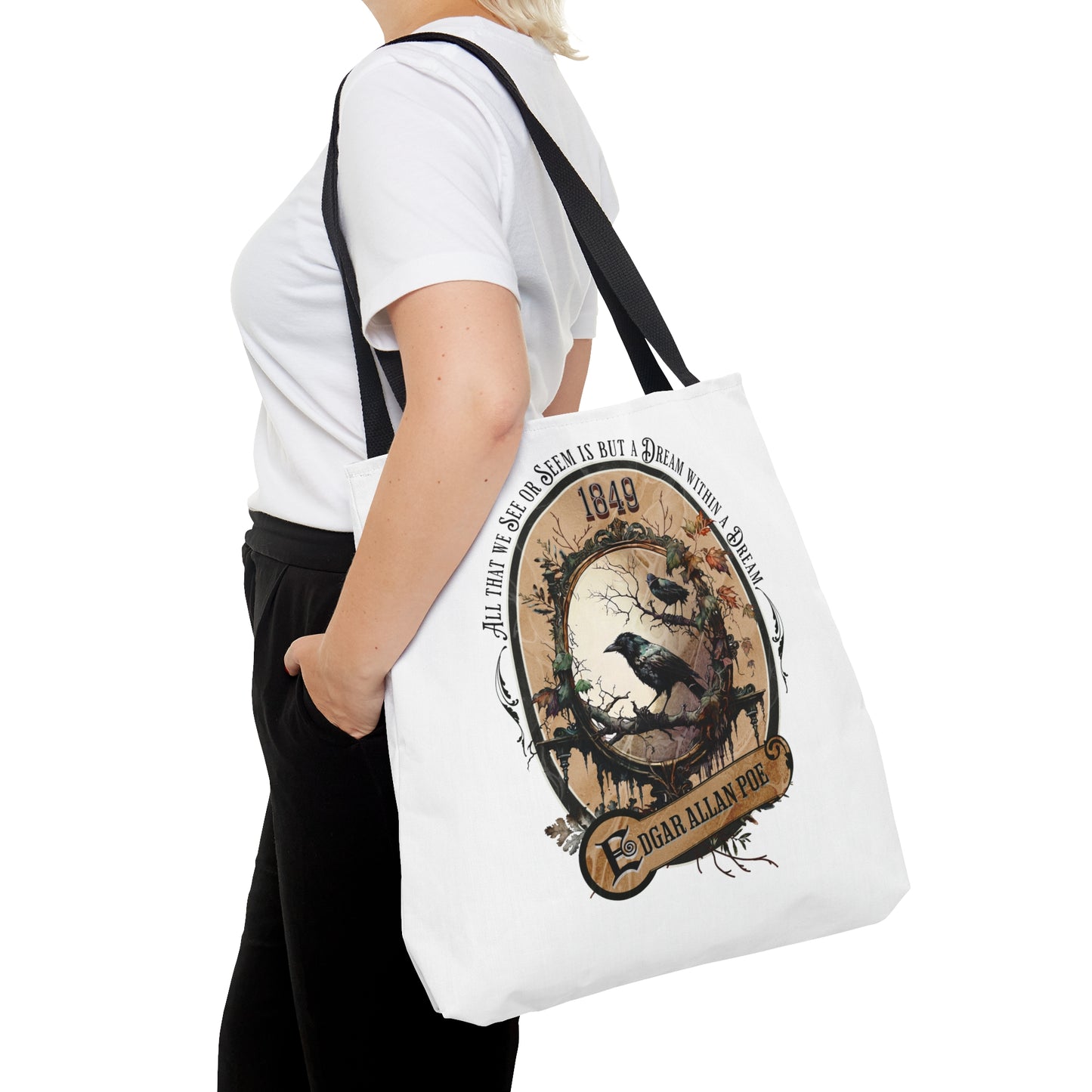 Edgar Allan Poe Tote Bag, Dream Within A Dream Vintage Poetry Lover Shoulder Bag, Dark Academia, Literary, Bookish, Bookclub Gift, Fall Gift Bags Printify