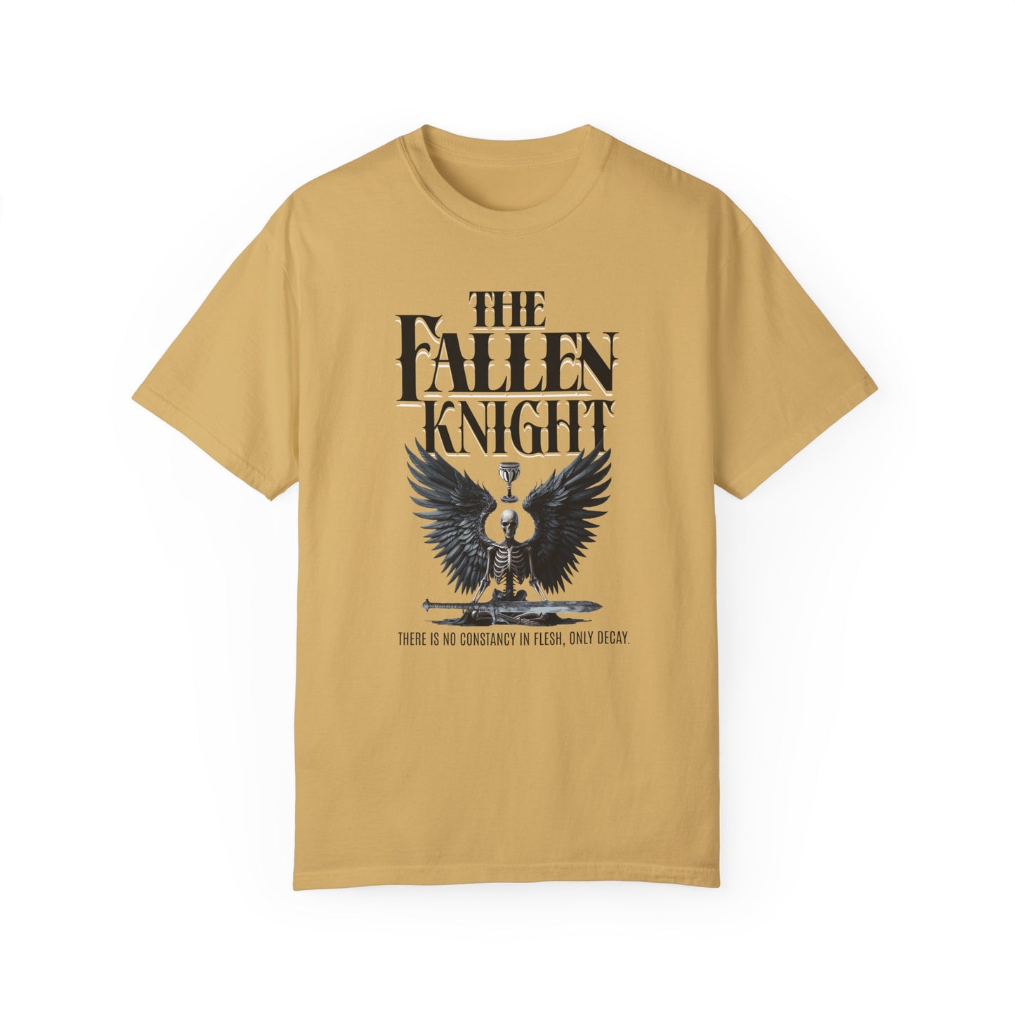 Fallen Knight T-shirt Ren Faire Gothic Skeleton Tee Renaissance Medieval Faire Shirt Fantasy Lover Gift Music Festivals Cosplay Fan Tee T-Shirt Printify Mustard S