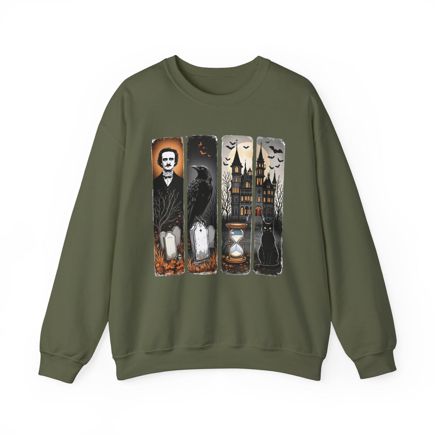 Edgar Allan Poe Sweatshirt The Raven Nevermore Gothic Horror Sweater Dark Academia Macabre Halloween Gift for Book Lovers Birthday Christmas Sweatshirt Printify Military Green S