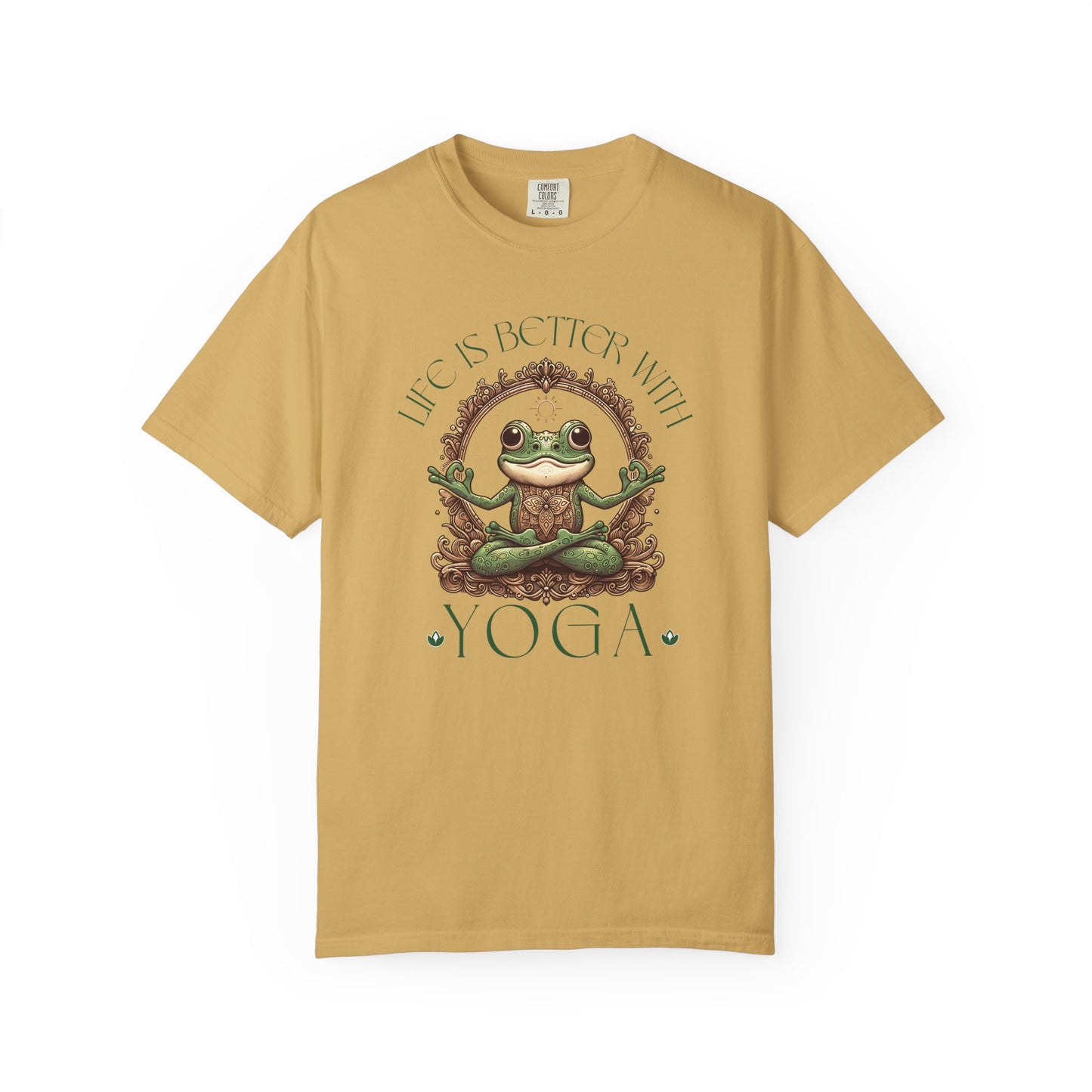Green Yoga Frog Life Is Better With Yoga Unisex T-Shirt, Casual Wear, Highlander Fan Gift, T-Shirt Printify Mustard S