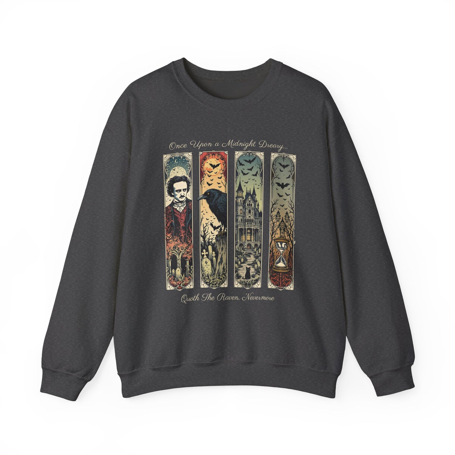 Edgar Allan Poe Sweatshirt The Raven Nevermore Gothic Horror Sweater Dark Academia Macabre Halloween Gift for Book Lovers Birthday Christmas Sweatshirt Printify Dark Heather S