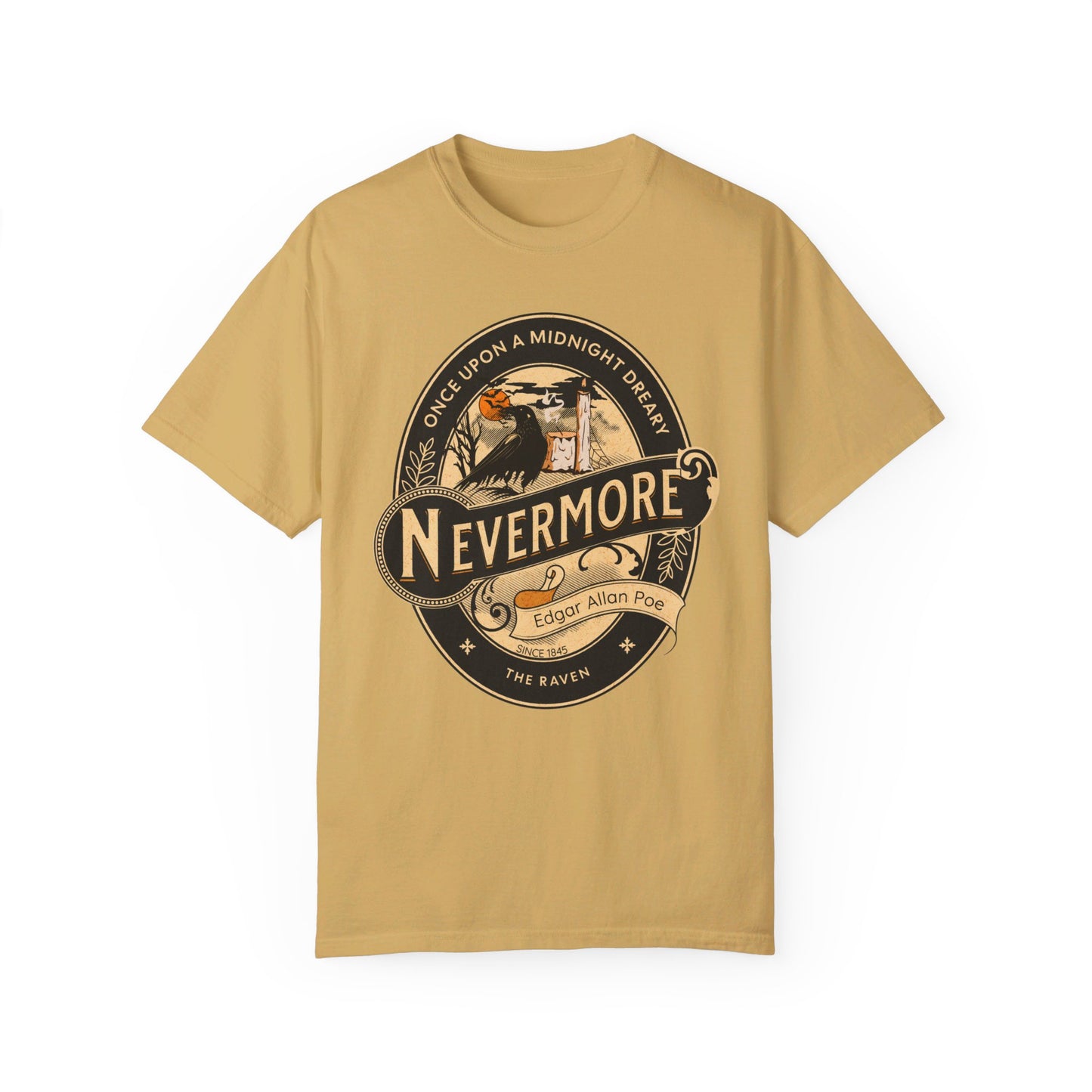 Edgar Allan Poe Shirt, Nevermore The Raven Tee, Book Lover Shirt, Halloween, Gothic, Goblincore Gift, Light Academia, Comfort Colours TShirt T-Shirt Printify Mustard S