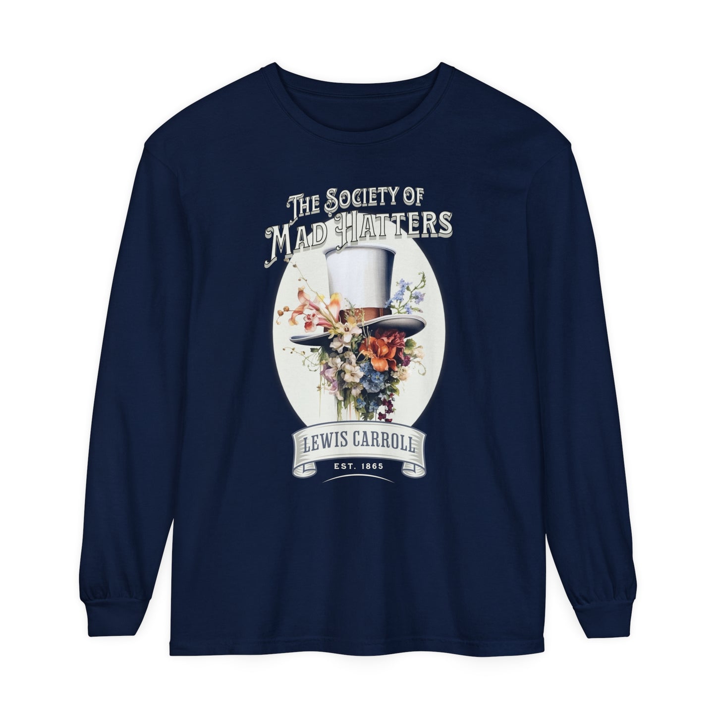 Alice in Wonderland Long Sleeve Shirt, Vintage Lewis Carroll The Mad Hatter TShirt, Tea Party, Queen of Hearts Bookish Booktok Academia Gift Long-sleeve Printify True Navy S