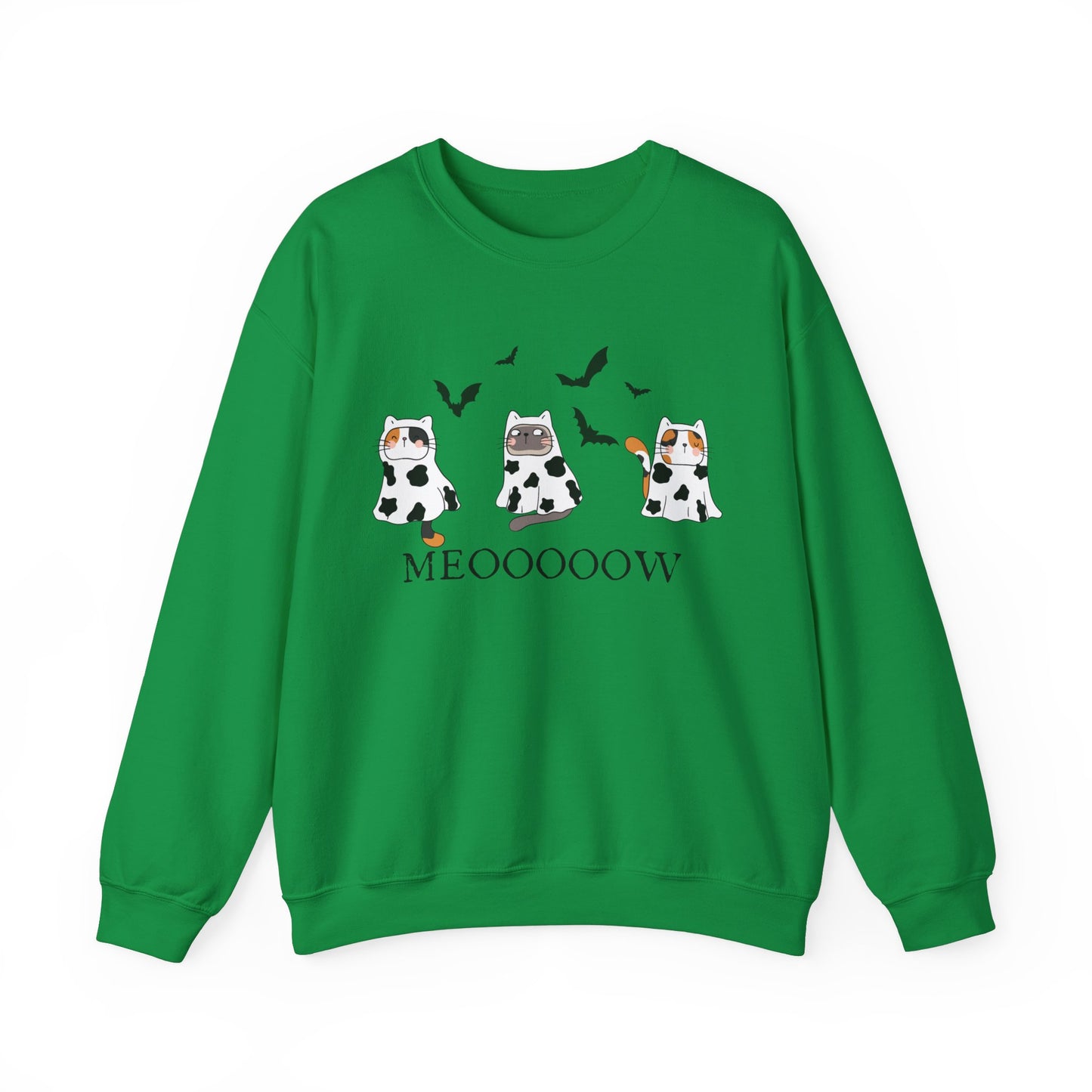 Cute Halloween Cow Ghost Cats Sweatshirt, Cats in Cow Ghost Costumes, Spooky Season Sweater, Halloween Party Shirt, Cat Lover Gift Sweatshirt Printify S Irish Green