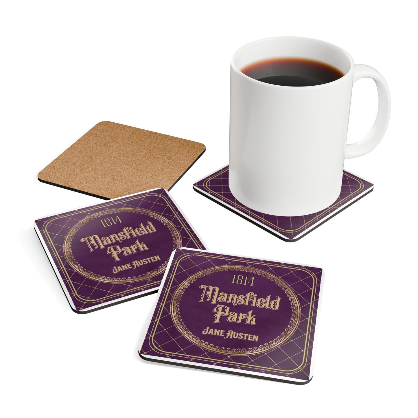 Jane Austen Coffee Mug Coasters, Mansfield Park Historical Romance Home Decor, Bookish Bookclub Literary Set of 4 Fan Art Gifts for Her, Home Decor Printify