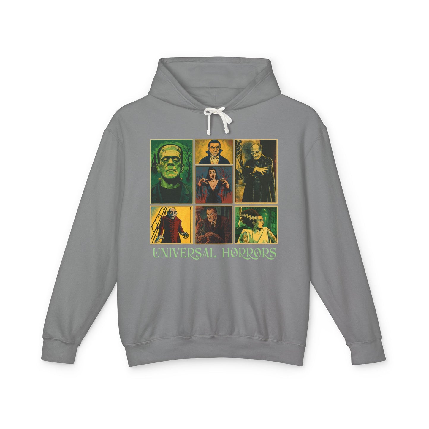 Universal Horrors Unisex Hooded Sweatshirt - Spooky Apparel for Halloween, Horror Fans, Movie Lovers, Cozy Wear, Gift Hoodie Printify S Grey