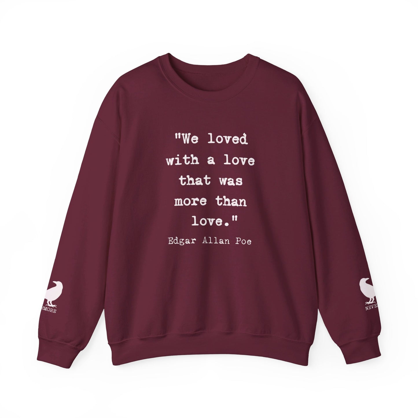 Edgar Allan Poe Sleeve Print Vintage Raven Poem Sweatshirt, Poetry Book Lover Sweater, Haunting Gothic Gift, Light, Dark Academia, Nevermore Sweatshirt Printify S Maroon