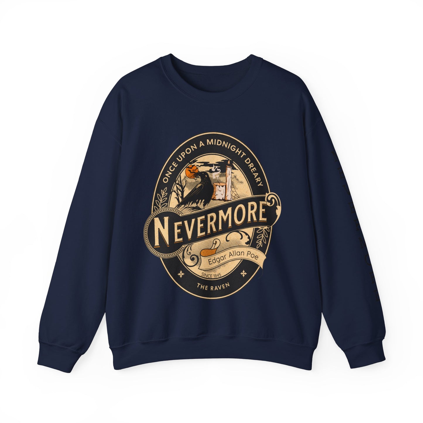Edgar Allan Poe, Sleeve Print Nevermore The Raven Sweatshirt, Book Lover, Halloween, Haunting Gothic Gift, Light, Dark Academia, Horror Movie Sweater Sweatshirt Printify S Navy