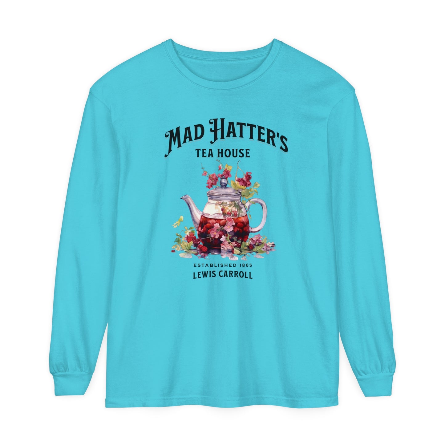 Mad Hatter's Tea Long Sleeve Shirt Alice In Wonderland Lewis Carroll Whimsigoth Academia TShirt Mad Hatter Tea Party Tee Bookish Booktok Long-sleeve Printify Lagoon Blue S