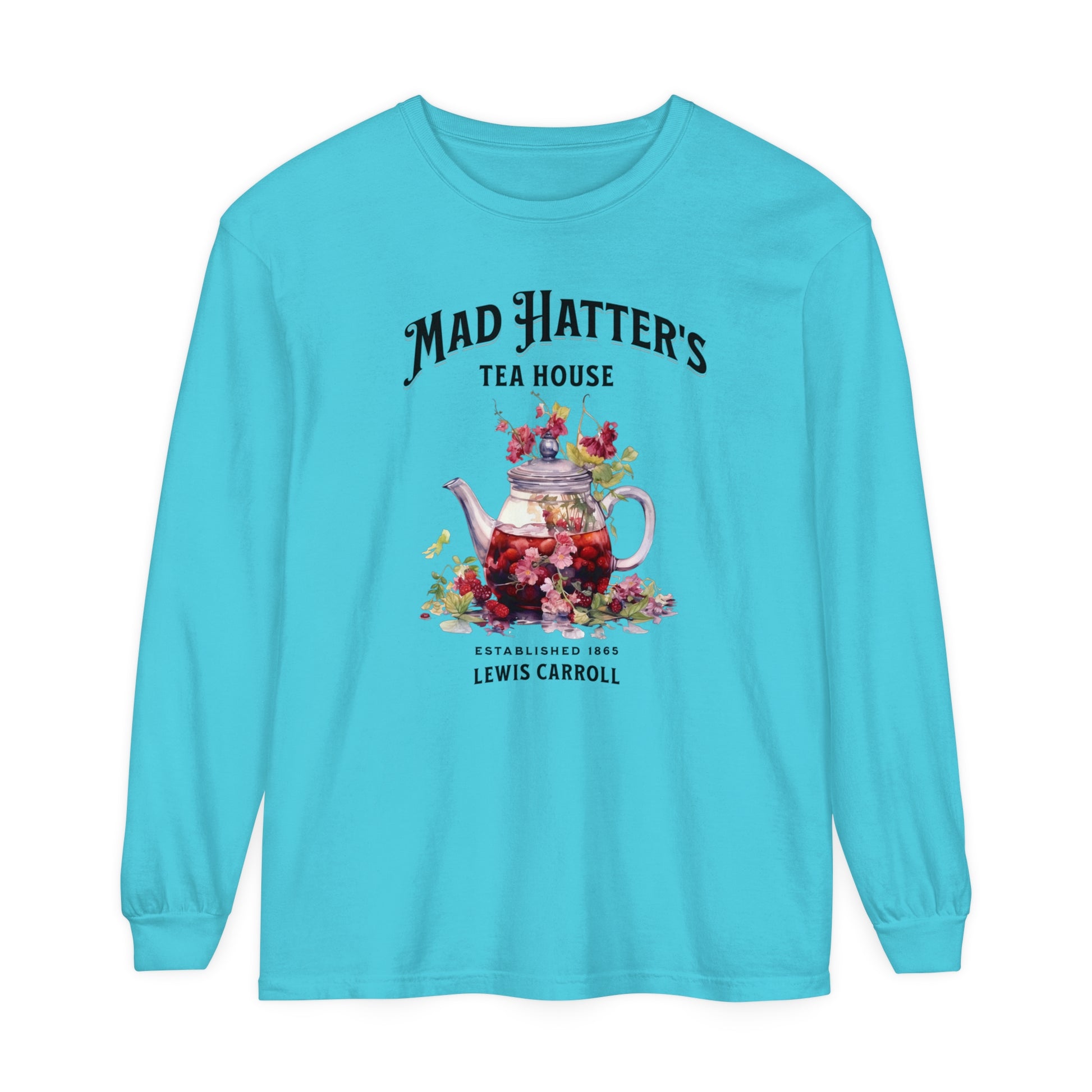 Mad Hatter's Tea Long Sleeve Shirt Alice In Wonderland Lewis Carroll Whimsigoth Academia TShirt Mad Hatter Tea Party Tee Bookish Booktok Long-sleeve Printify Lagoon Blue S