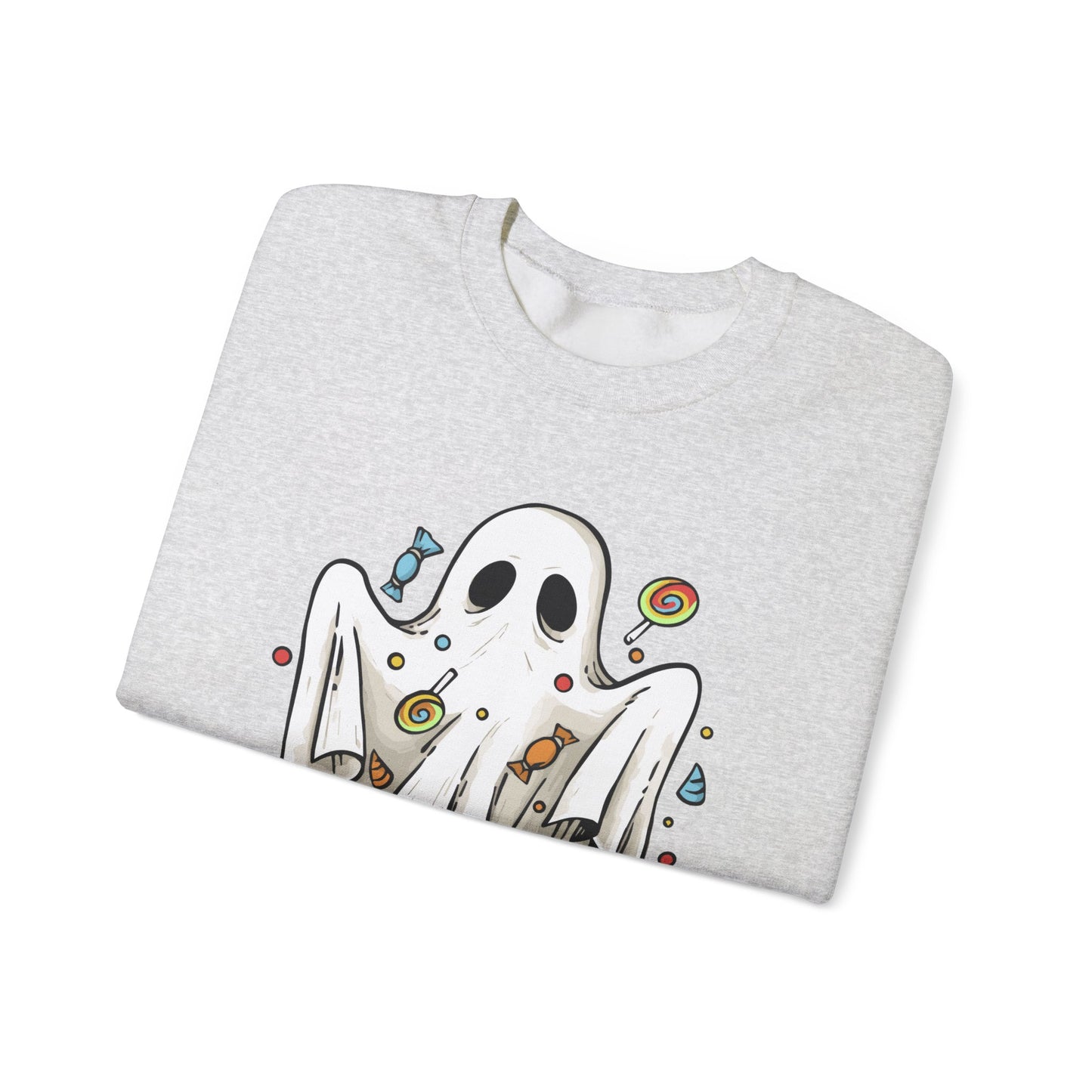 Cute Halloween Ghost Floating, Covered in Candy Sweatshirt, Trick or Treat Shirt, Spooky Ghost Season, Fun Halloween Party, Festival Sweater Sweatshirt Printify