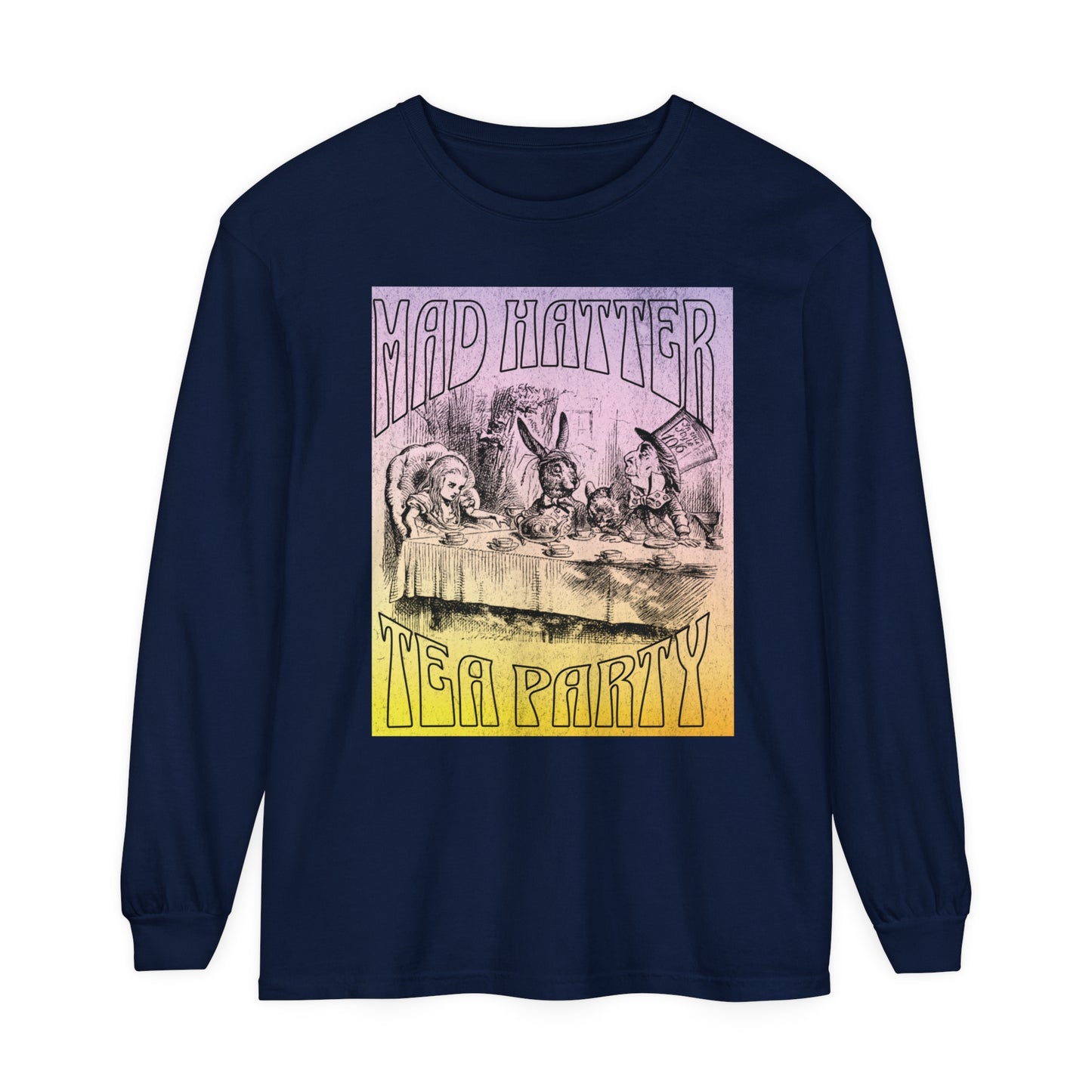 Retro Alice In Wonderland Long Sleeve Shirt, Lewis Carroll Whimsigoth Dark Academia TShirt, Mad Hatter's Tea Party Tee Bookish Booktok Gift Long-sleeve Printify True Navy S