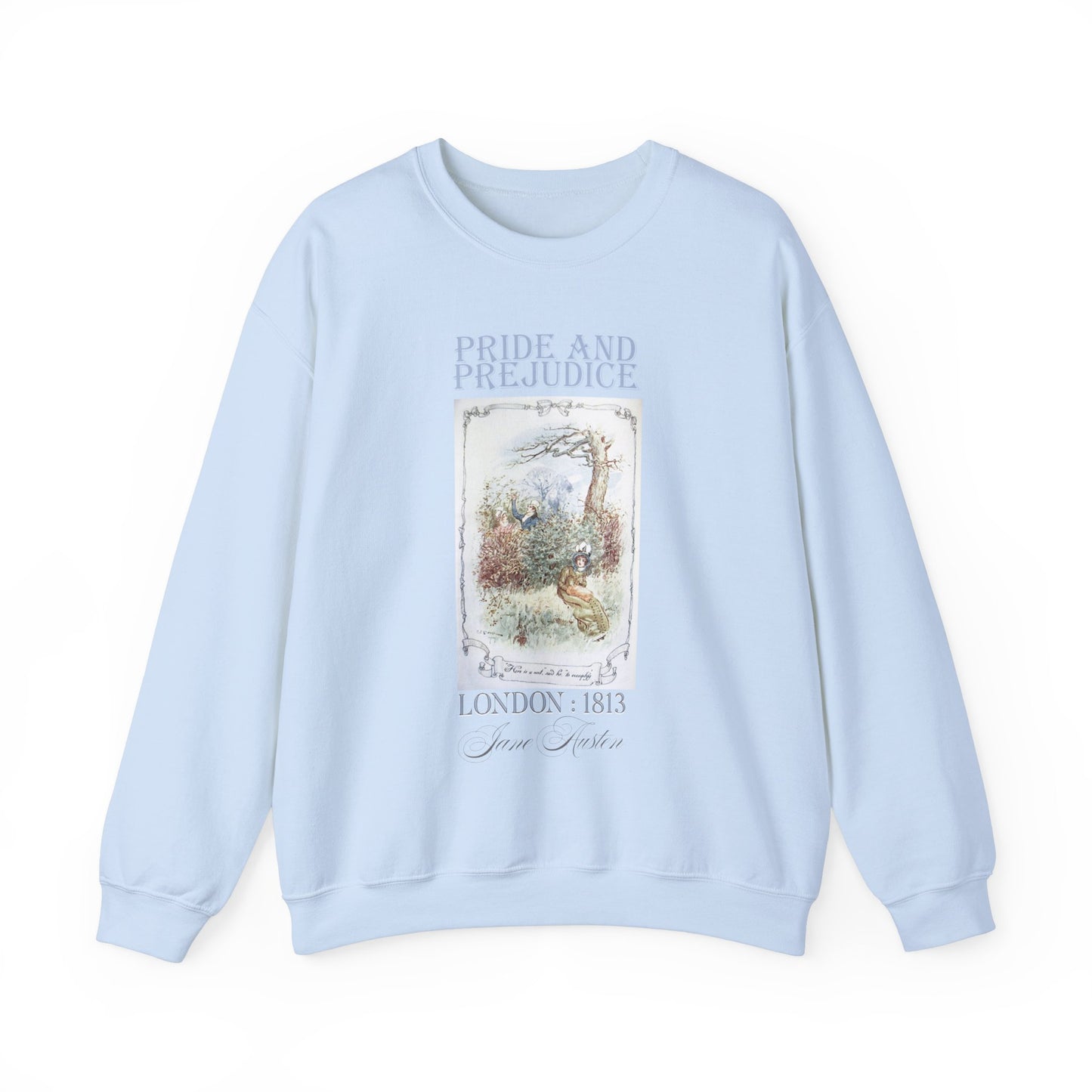 Jane Austen Sweatshirt, Pride & Prejudice Historical Romance Sweater, Bookish Literary Jane Austen Fan Art Gift for Her, Bookclub Shirt Sweatshirt Printify S Light Blue