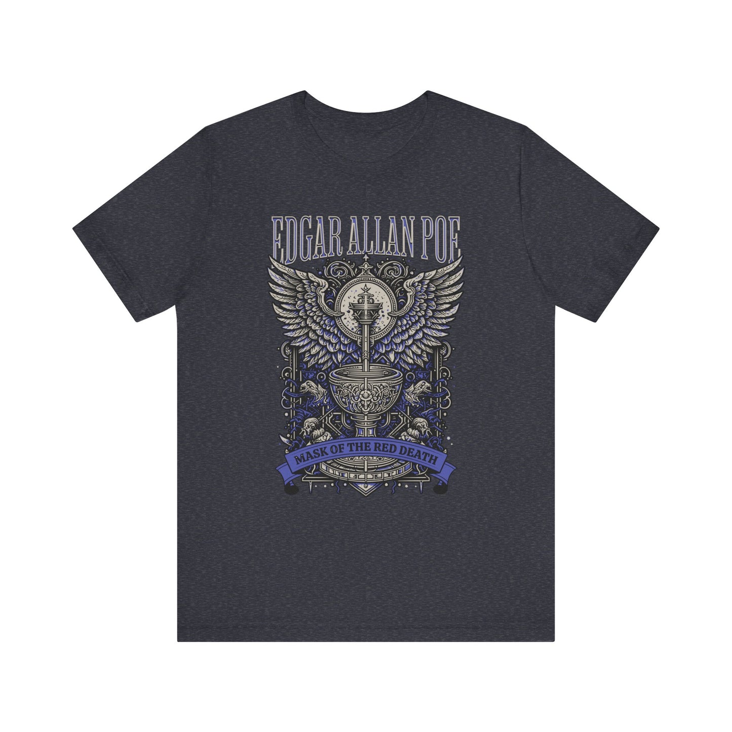 Edgar Allan Poe, Mask Of The Red Death T-Shirt, Book Lover Tee, Haunting Gothic Gift, Light, Dark Academia, Literary Poetry Bookclub Shirt T-Shirt Printify Heather Navy S
