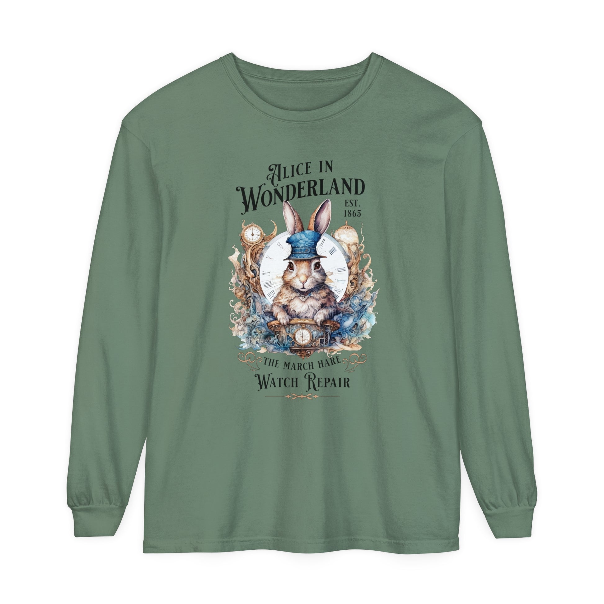 Alice in Wonderland Long Sleeve Shirt, Lewis Carroll Dark Academia TShirt, Mad Hatter Tea Party March Hare White Rabbit Bookish Booktok Gift Long-sleeve Printify Light Green S