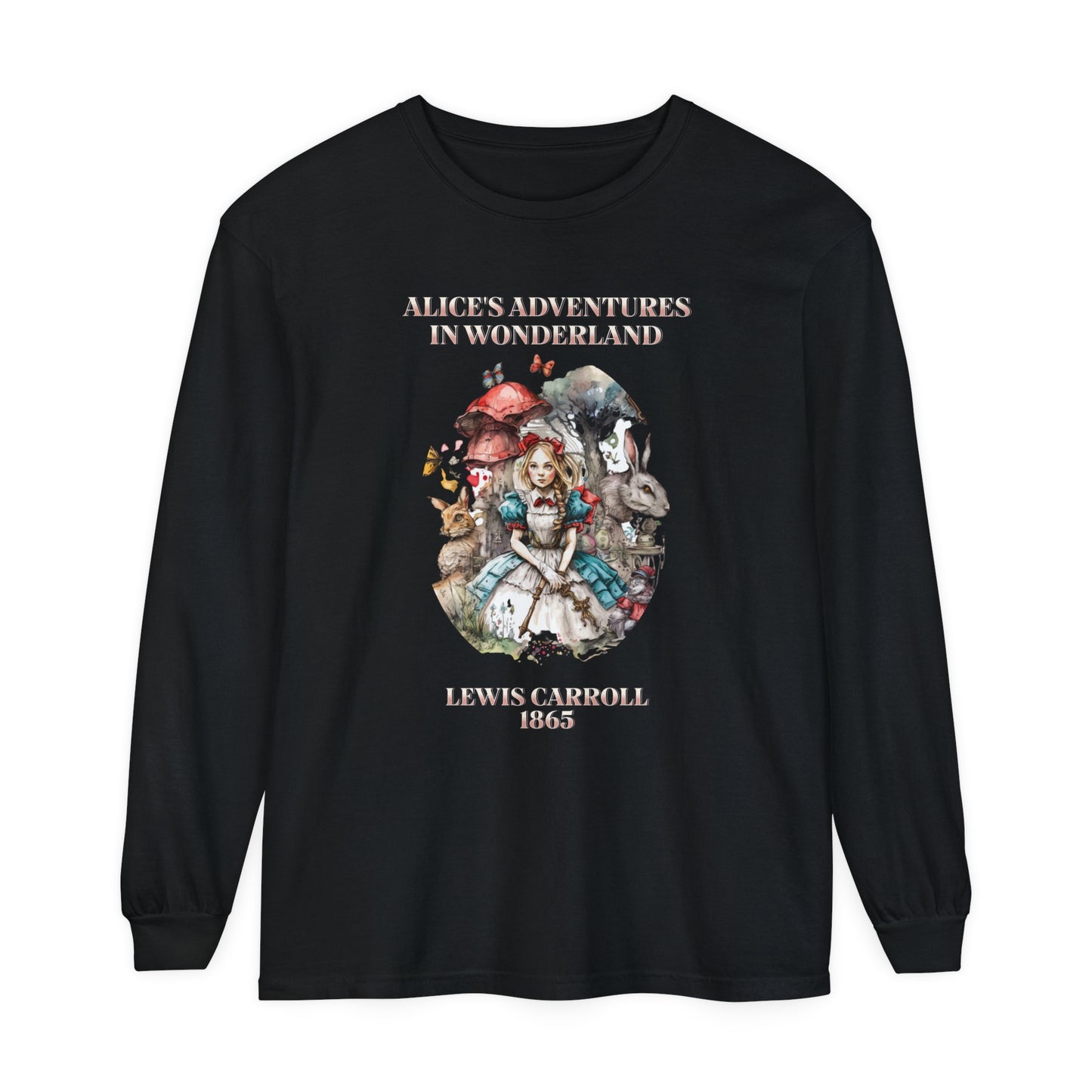 Alice in Wonderland Vintage Long Sleeve Shirt, Lewis Carroll Dark Academia TShirt, Mad Hatter Tea Party Queen of Hearts Bookish Booktok Gift Long-sleeve Printify Black S