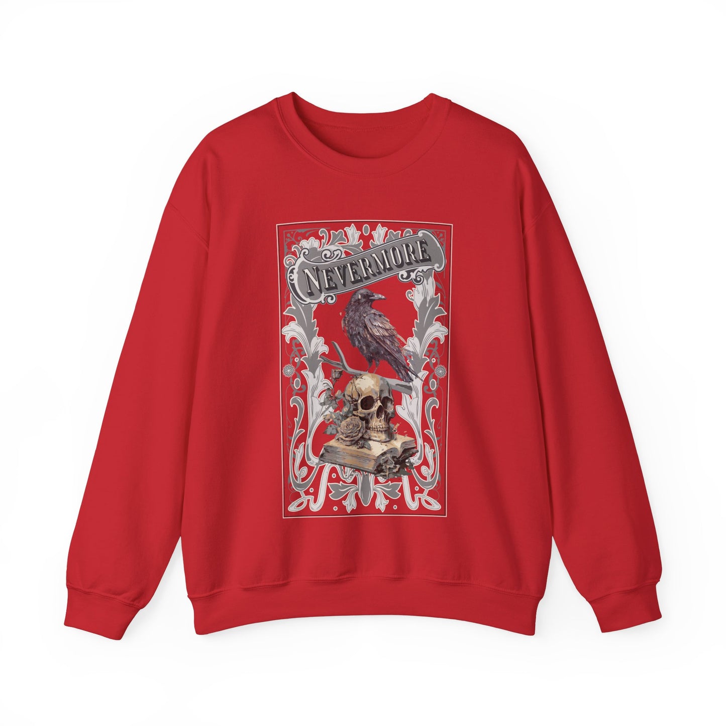Edgar Allan Poe, Nevermore The Raven Sweatshirt, Book Lover, Halloween, Haunting Gothic Gift, Light, Dark Academia, Horror Movie Sweater Sweatshirt Printify S Red