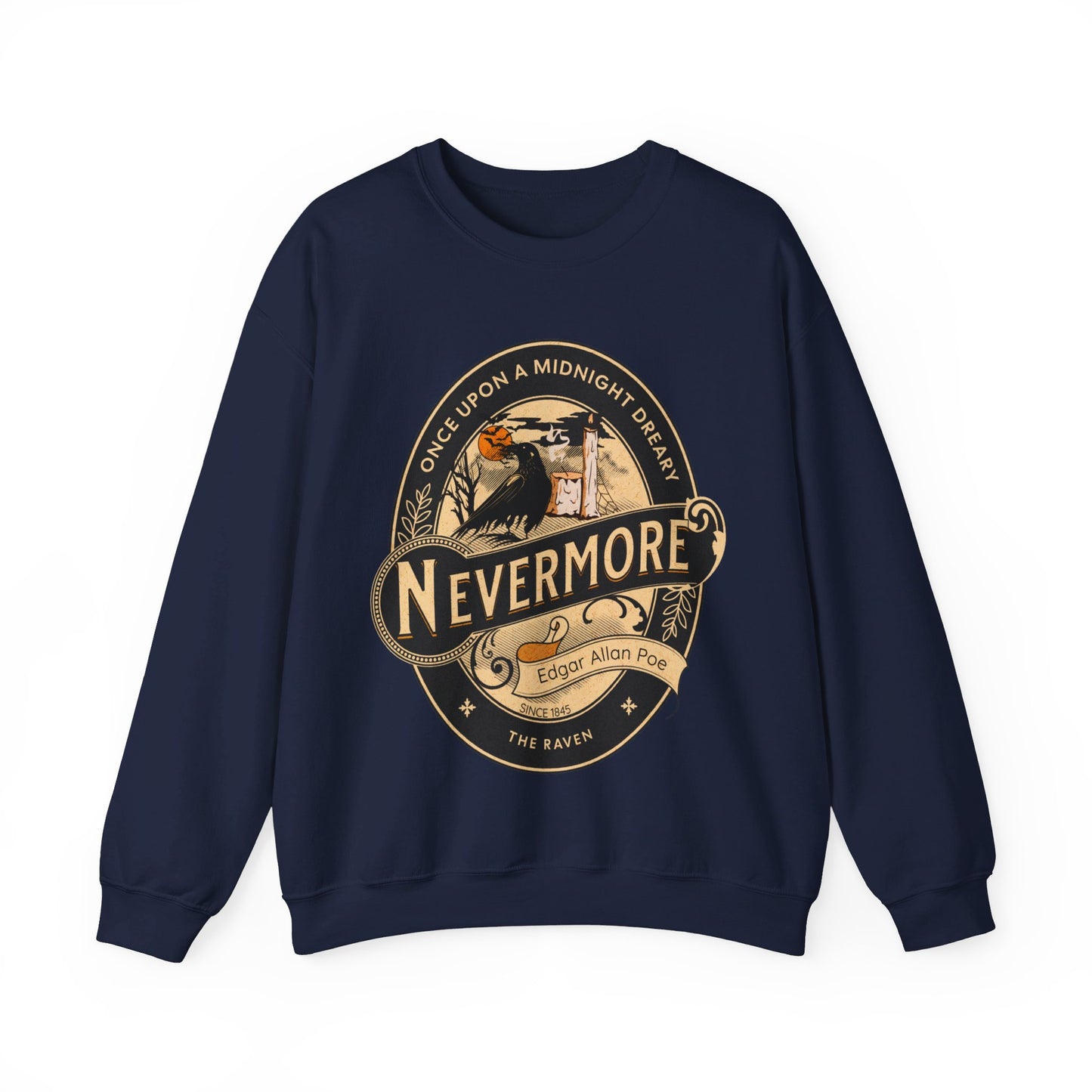 Edgar Allan Poe, Nevermore The Raven Sweatshirt, Book Lover, Halloween, Haunting Gothic Gift, Light, Dark Academia, Horror Movie Sweater Sweatshirt Printify S Navy