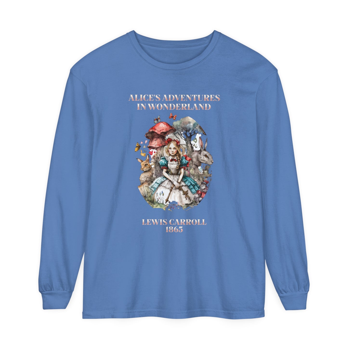 Alice in Wonderland Vintage Long Sleeve Shirt, Lewis Carroll Dark Academia TShirt, Mad Hatter Tea Party Queen of Hearts Bookish Booktok Gift Long-sleeve Printify Flo Blue S