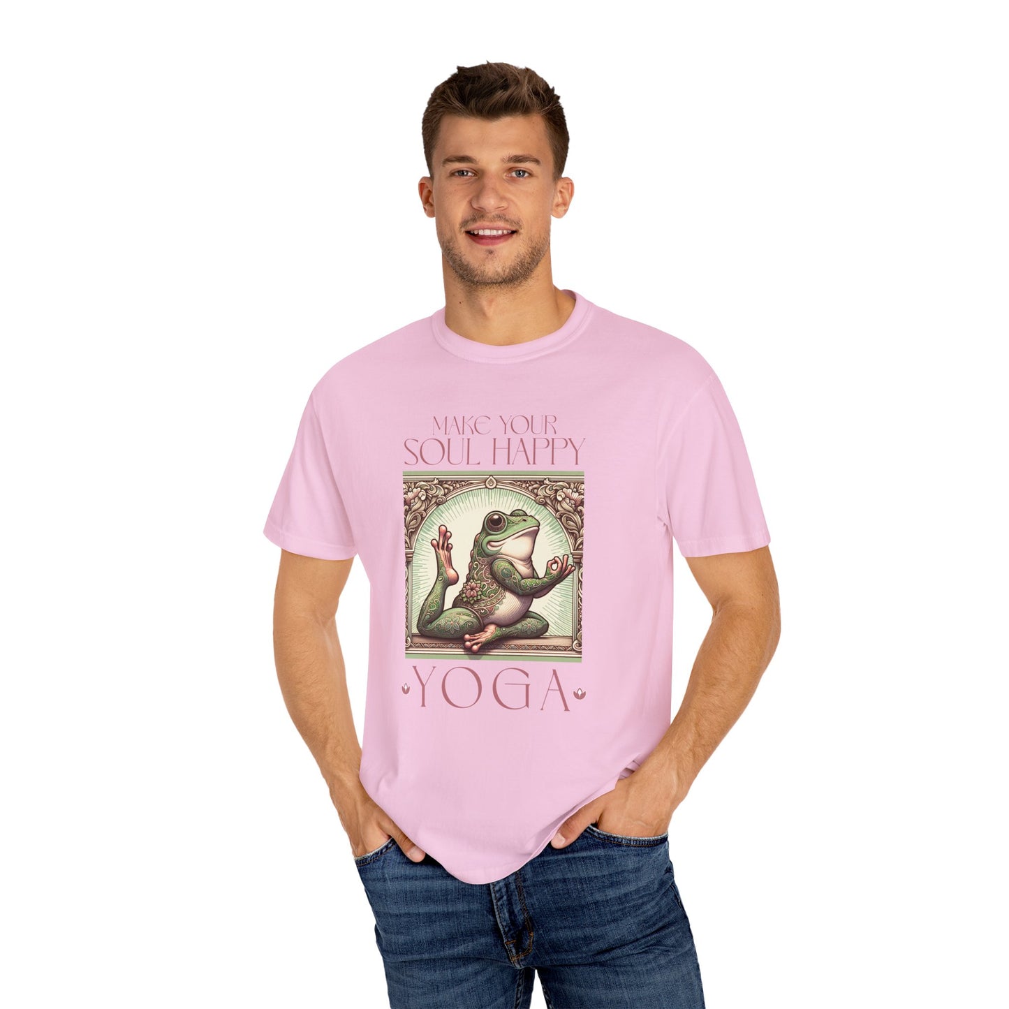 Yoga Frog Make Your Soul Happy Pink Unisex T-Shirt, Casual Wear, Highlander Fan Gift, Comfortable Graphic Tee