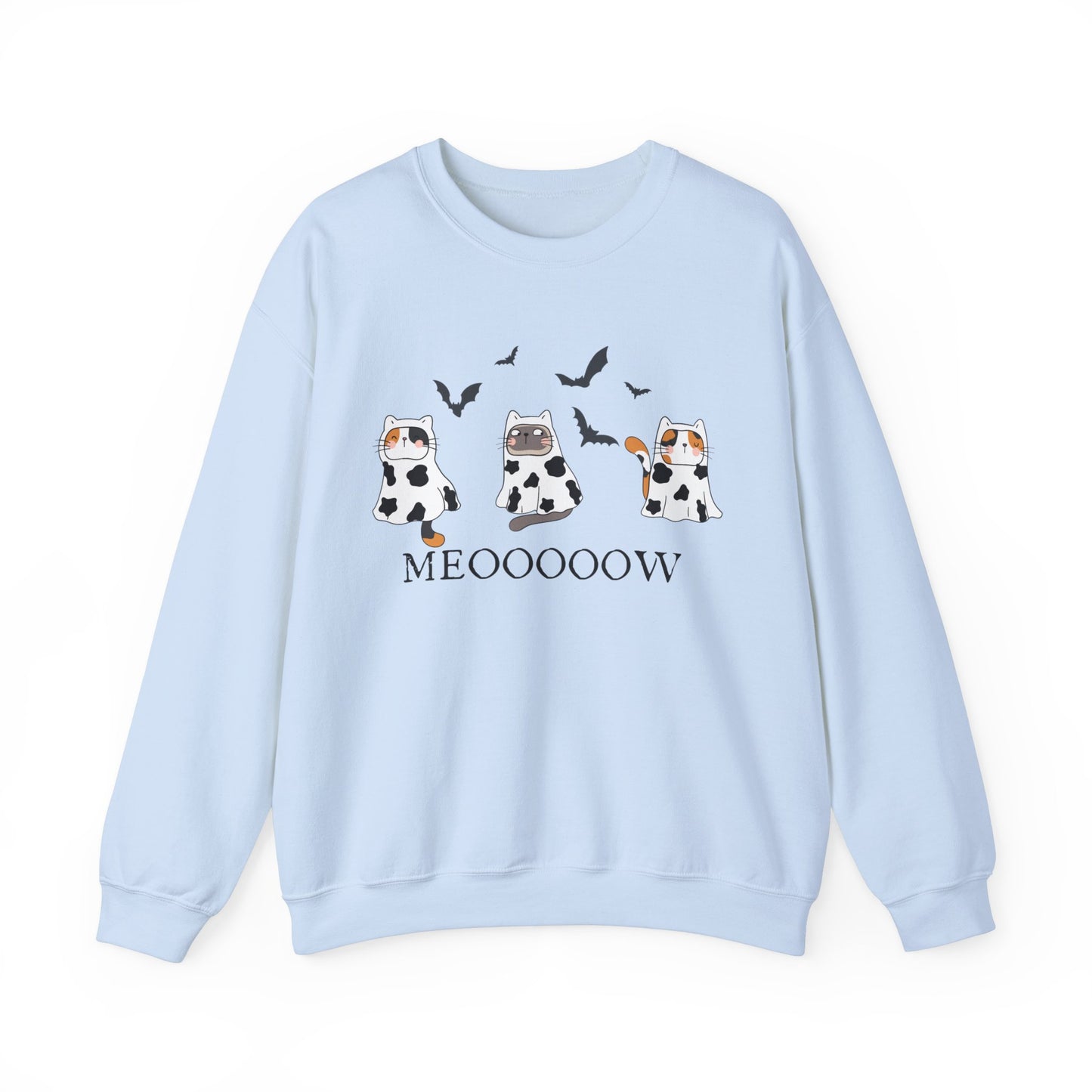 Cute Halloween Cow Ghost Cats Sweatshirt, Cats in Cow Ghost Costumes, Spooky Season Sweater, Halloween Party Shirt, Cat Lover Gift Sweatshirt Printify S Light Blue