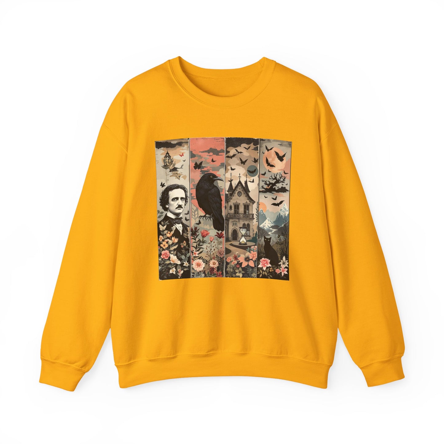 Edgar Allan Poe Sweatshirt The Raven Nevermore Gothic Horror Sweater Dark Academia Macabre Halloween Gift for Book Lovers Birthday Christmas Sweatshirt Printify Gold S