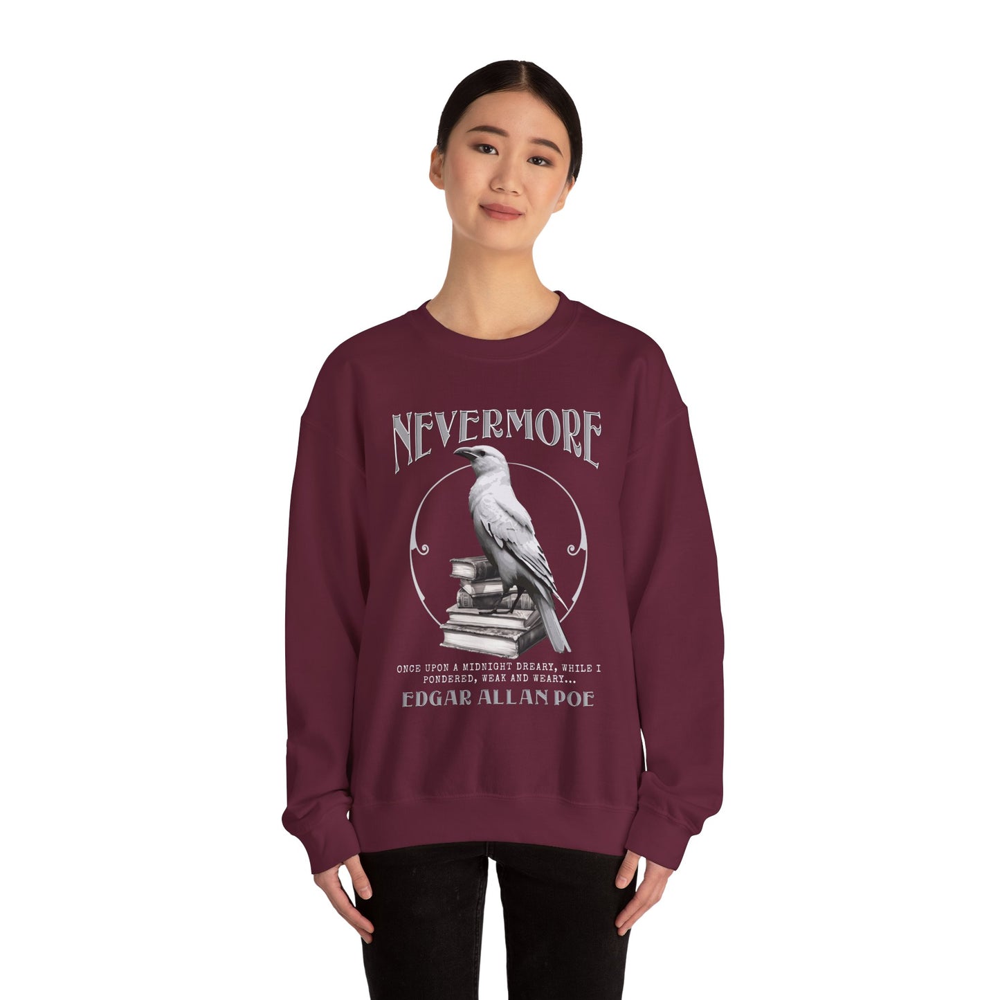 The White Raven Edgar Allan Poe Nevermore Sweatshirt Book Lover Halloween Haunting Gothic Gift Light Dark Academia Horror Movie Bookclub Sweater Sweatshirt Printify