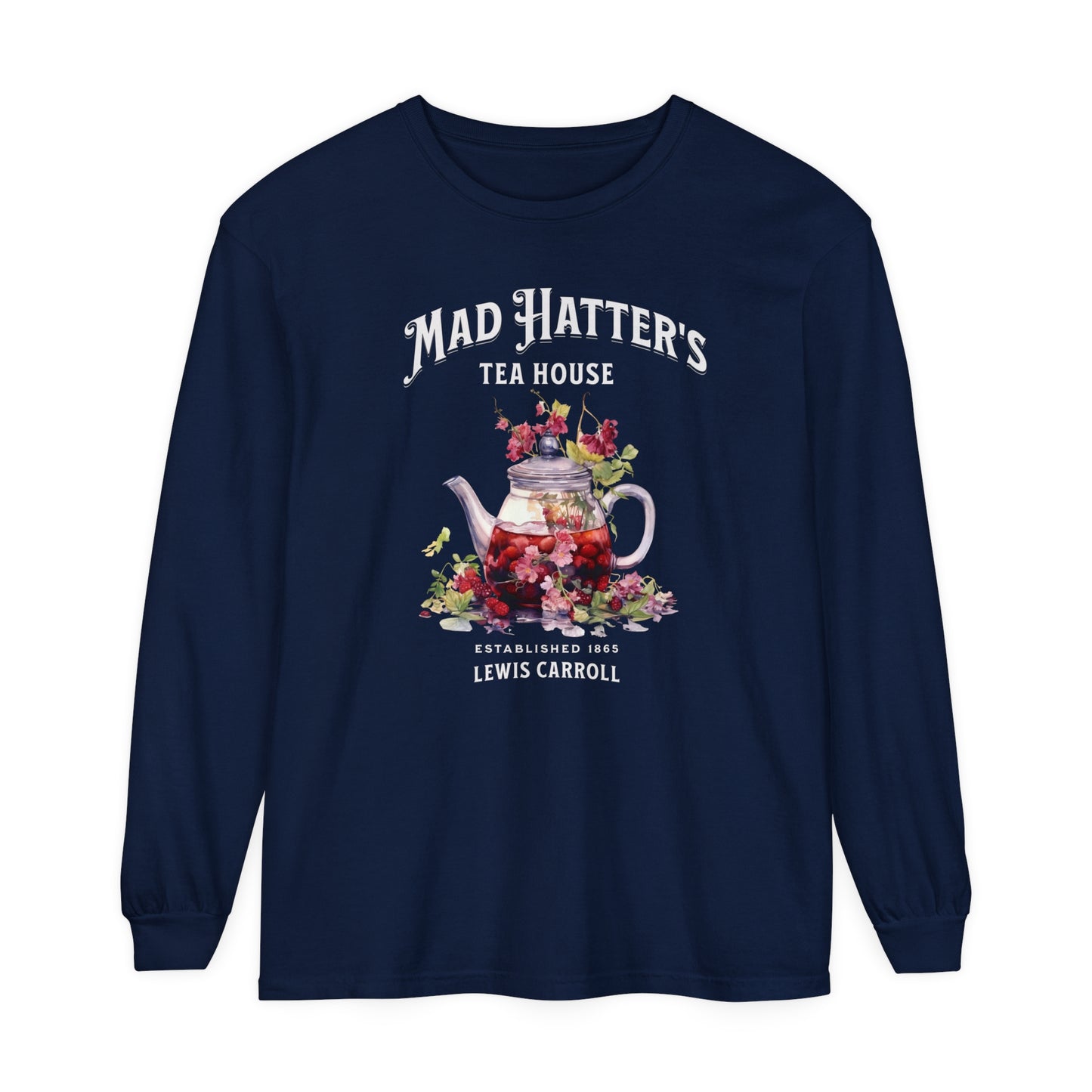 Mad Hatter's Tea Long Sleeve Shirt Alice In Wonderland Lewis Carroll Whimsigoth Academia TShirt Mad Hatter Tea Party Tee Bookish Booktok Long-sleeve Printify True Navy S