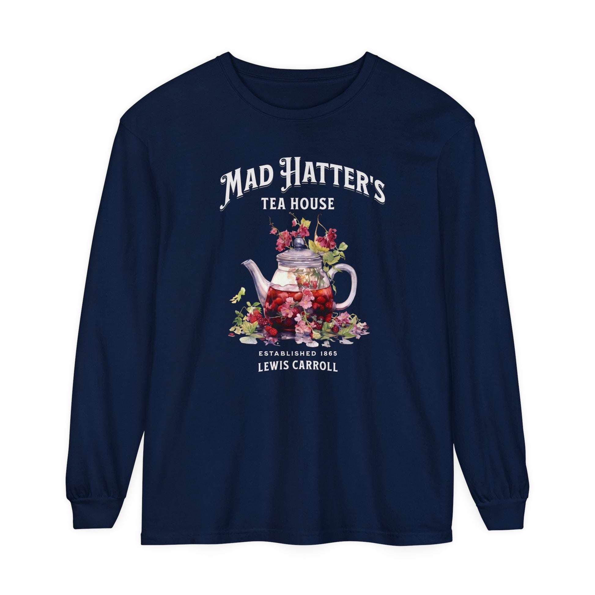 Mad Hatter's Tea Long Sleeve Shirt Alice In Wonderland Lewis Carroll Whimsigoth Academia TShirt Mad Hatter Tea Party Tee Bookish Booktok Long-sleeve Printify True Navy S