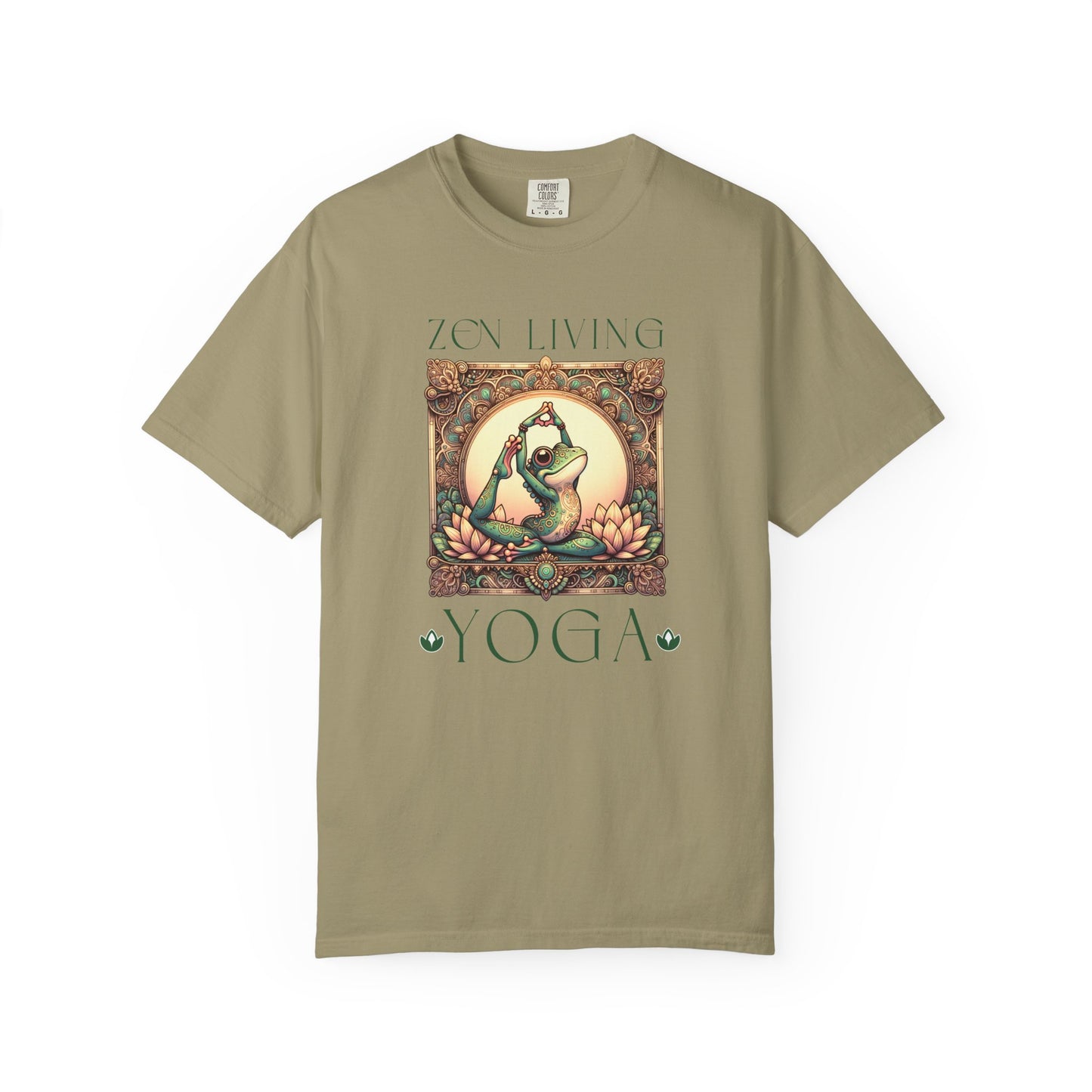 Green Yoga Frog Zen Living Unisex T-Shirt, Casual Wear, Highlander Fan Gift, T-Shirt Printify Khaki S