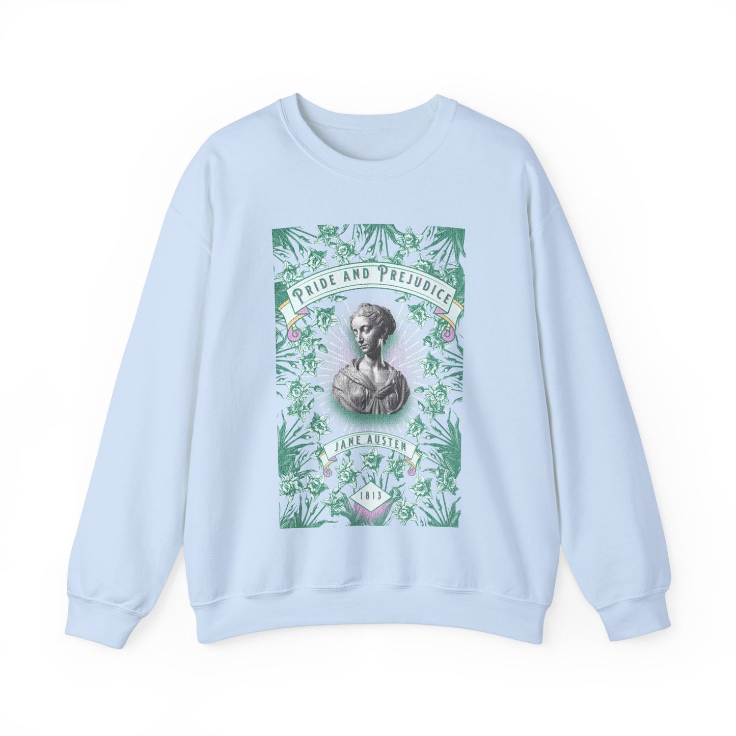 Jane Austen Sweatshirt, Pride & Prejudice Historical Romance Sweater, Bookish Literary Jane Austen Fan Art Gift, Gift for Her, Readers, Sweatshirt Printify S Light Blue