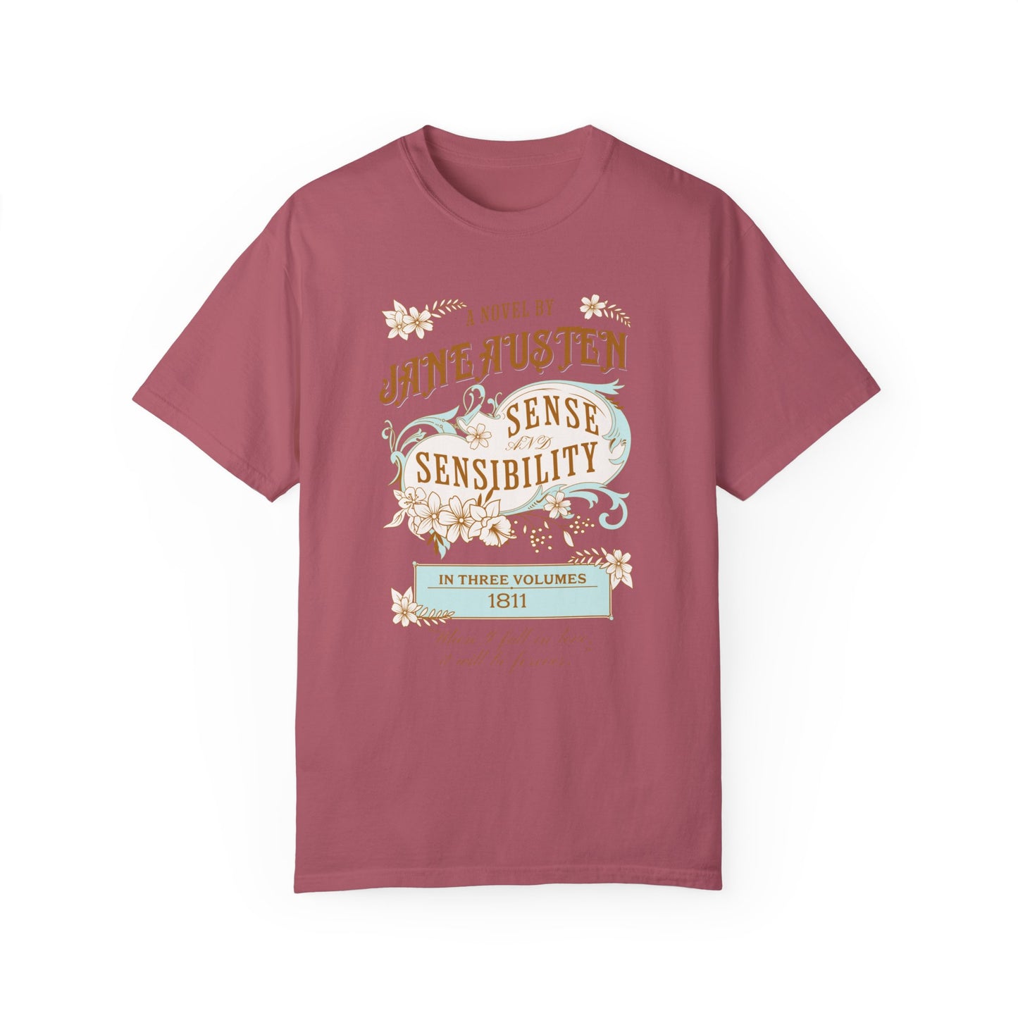 Jane Austen T-Shirt, Sense & Sensibility Historical Romance Comfort Colors Tee, Bookish Literary Jane Austen Fan Art Gift for Her, Readers, T-Shirt Printify Crimson S